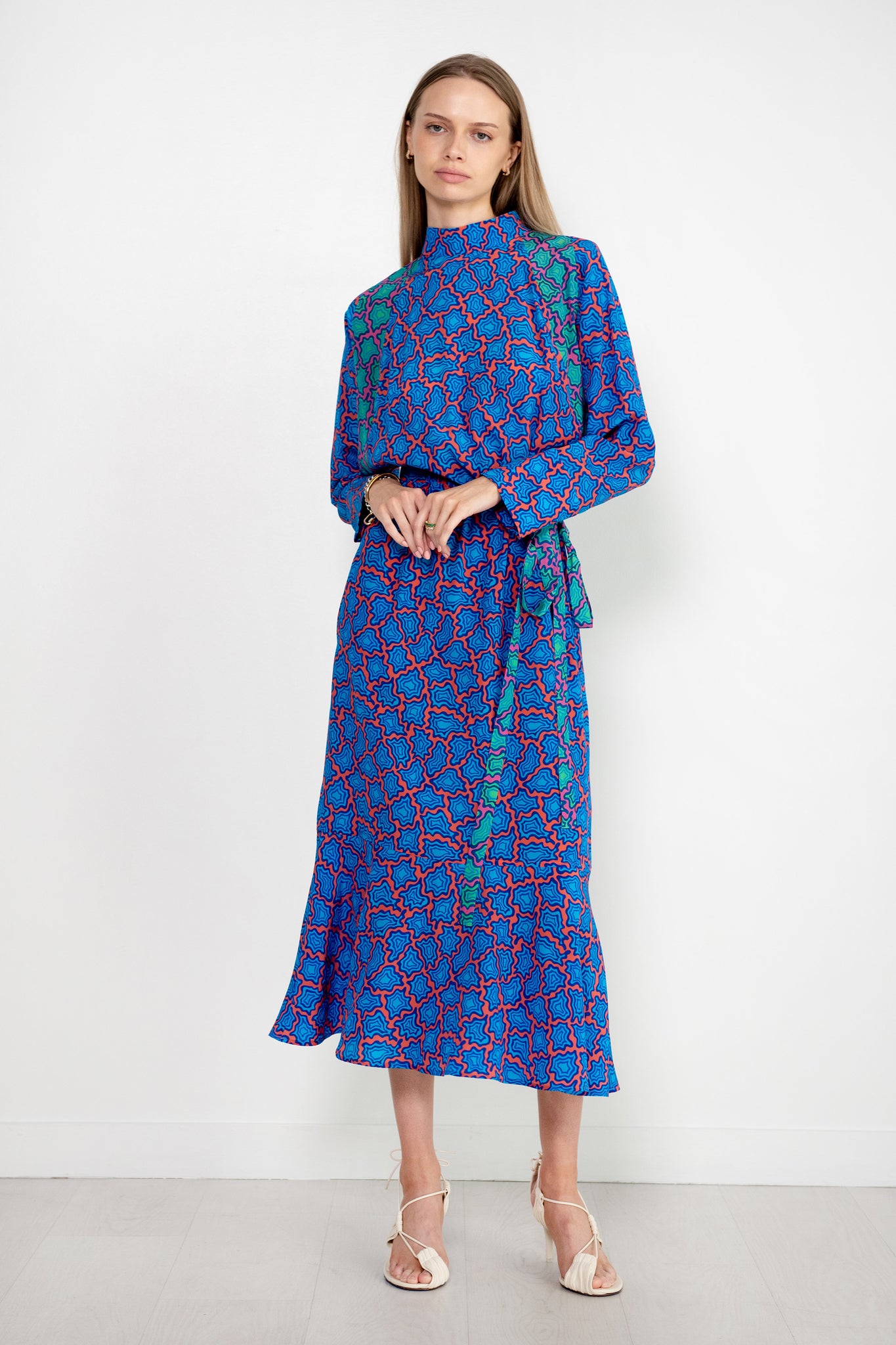 ODEEH - Memphis Achats Crepe De Chine Dress, Turquoise Blue
