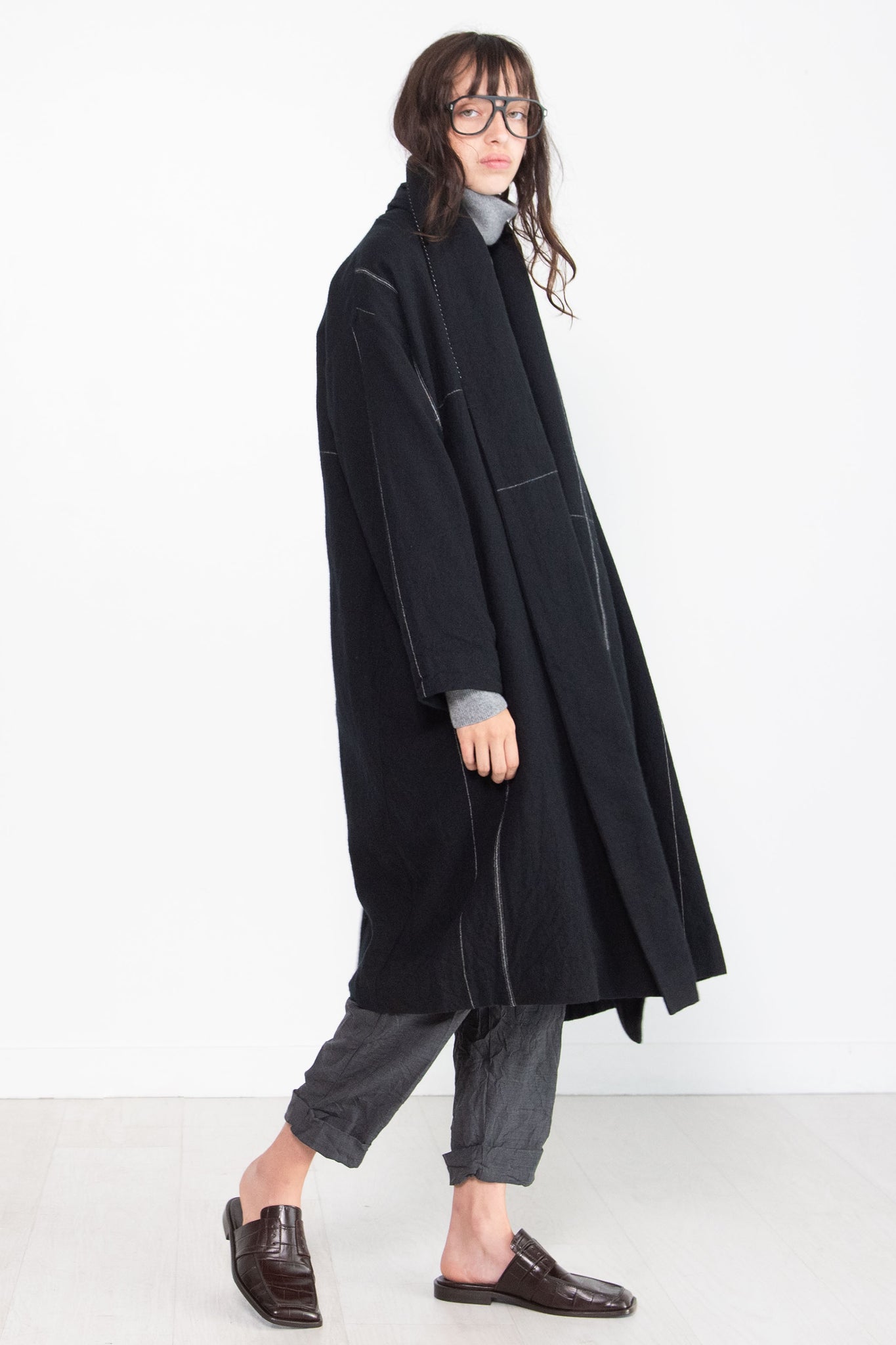 pas de calais - Wool Twill Duster Coat, Black