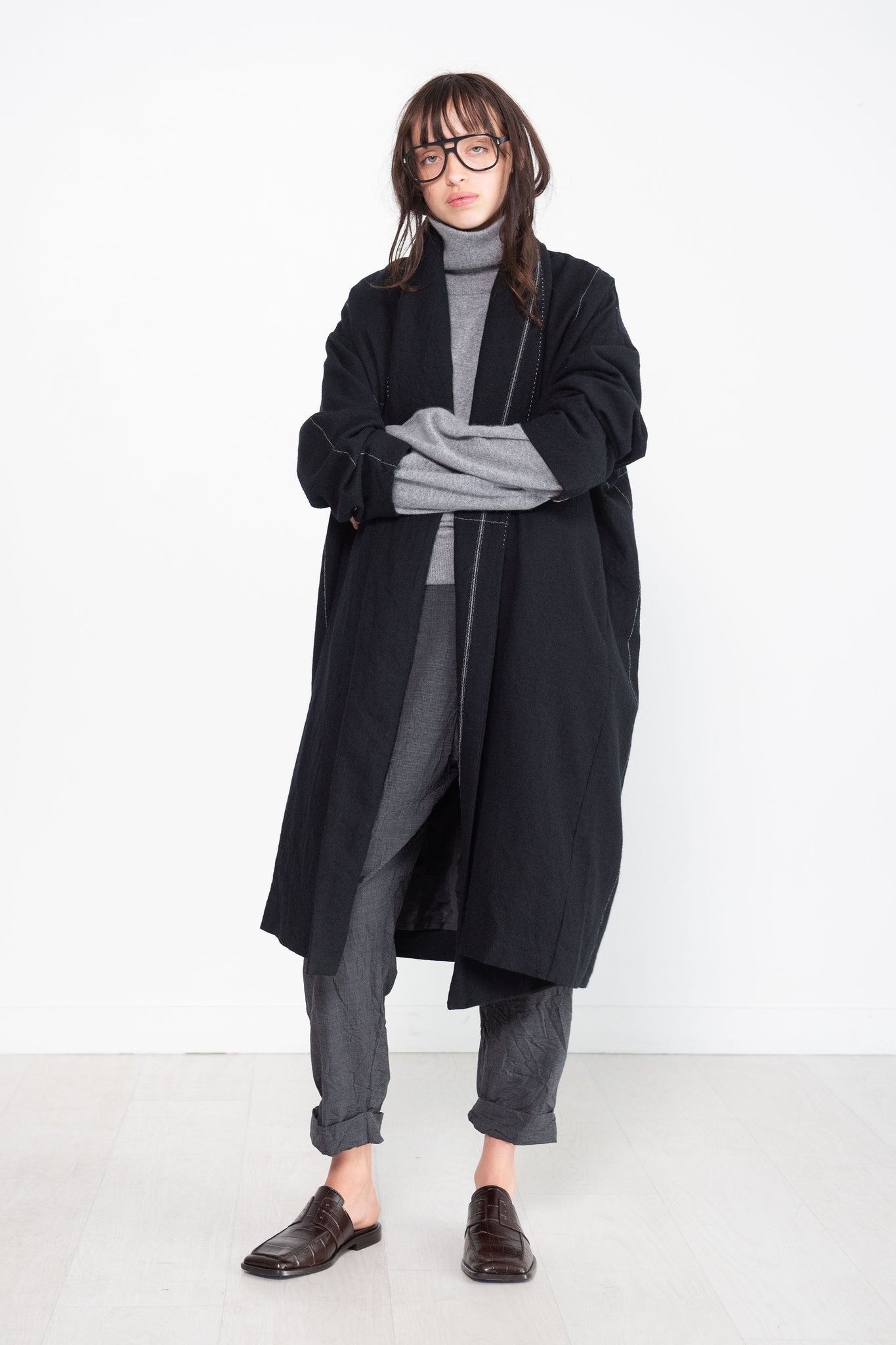 pas de calais - Wool Twill Duster Coat, Black