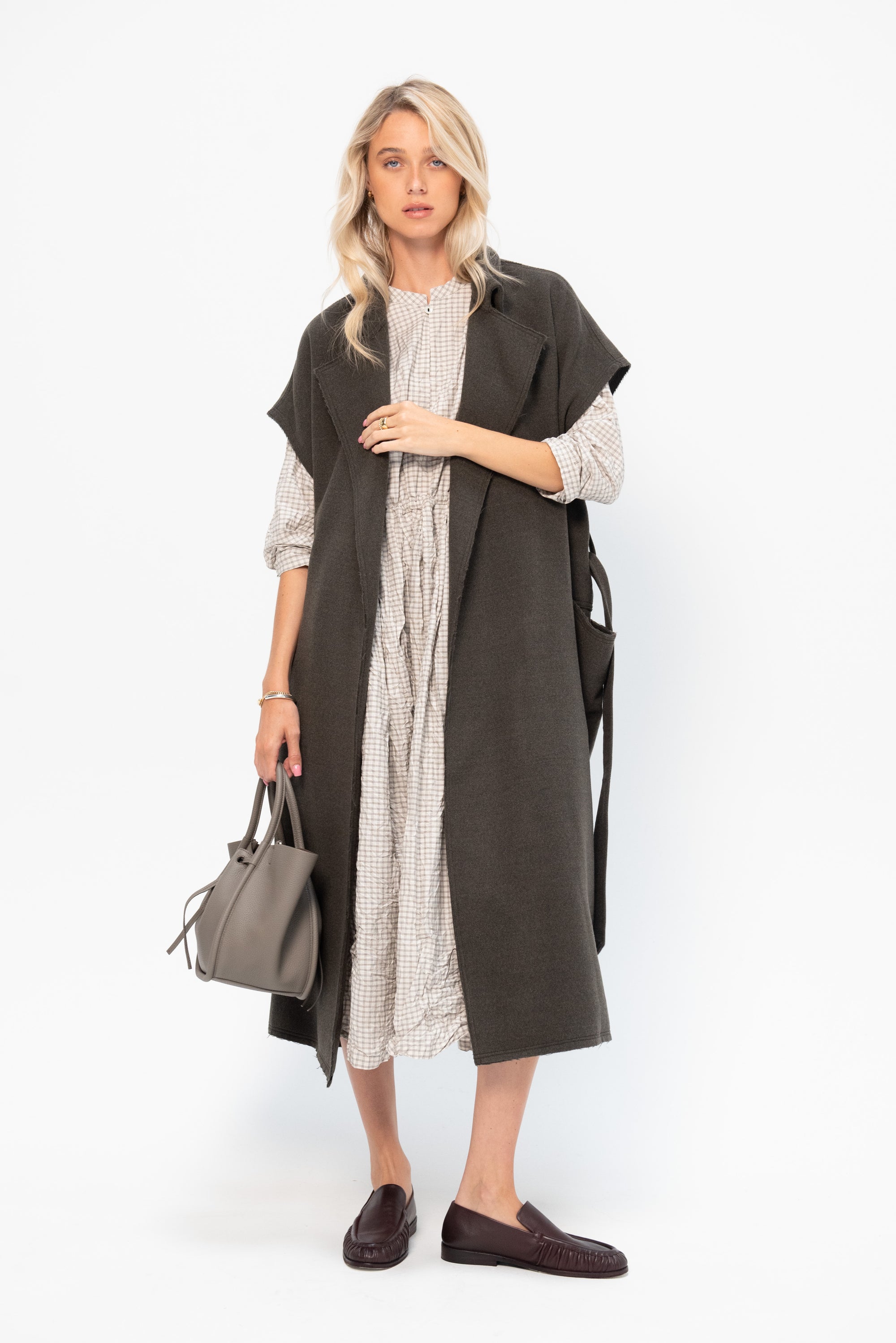 Washed Organic Cotton Mini Checkered Dress, Off White