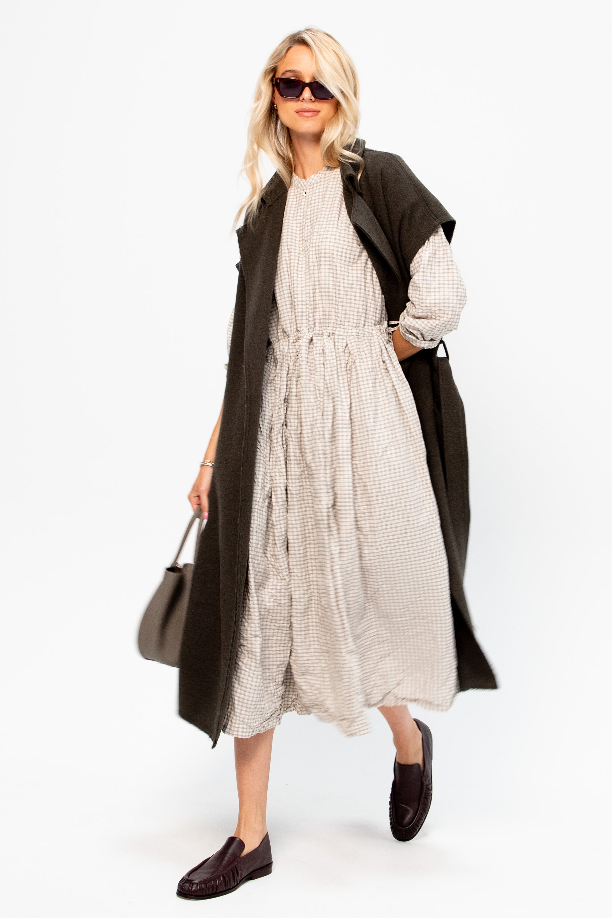 Washed Organic Cotton Mini Checkered Dress, Off White