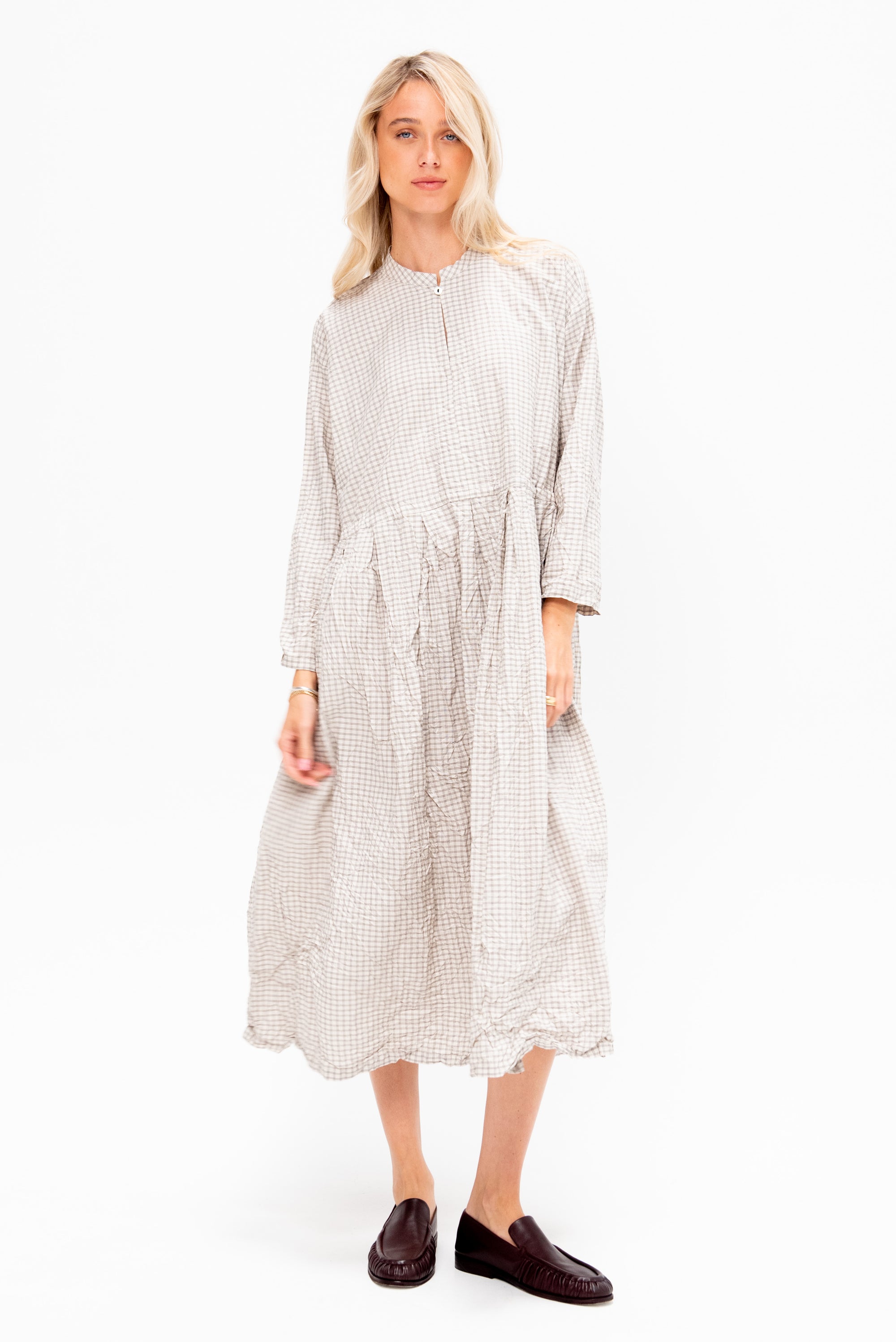 Washed Organic Cotton Mini Checkered Dress, Off White
