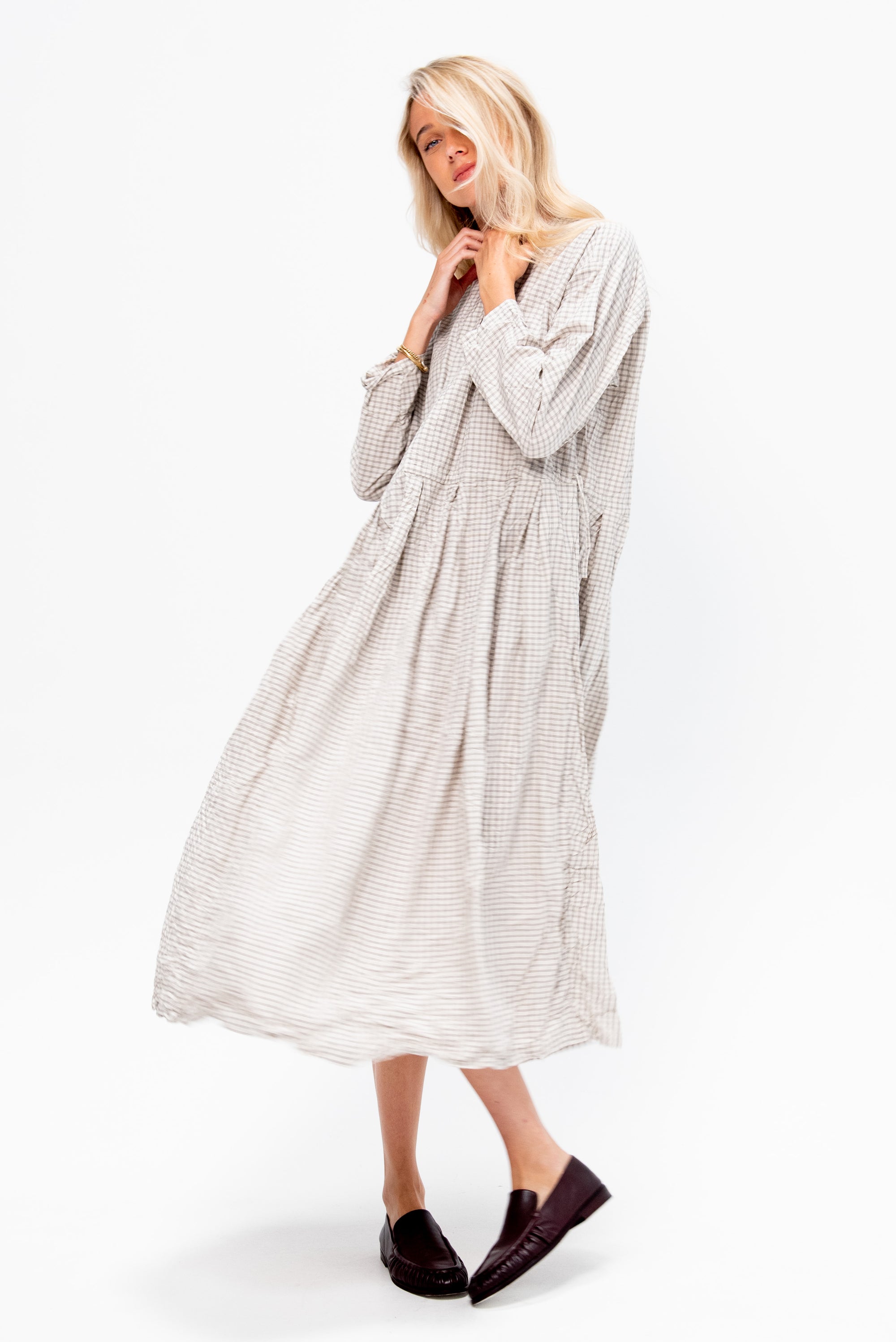 Washed Organic Cotton Mini Checkered Dress, Off White