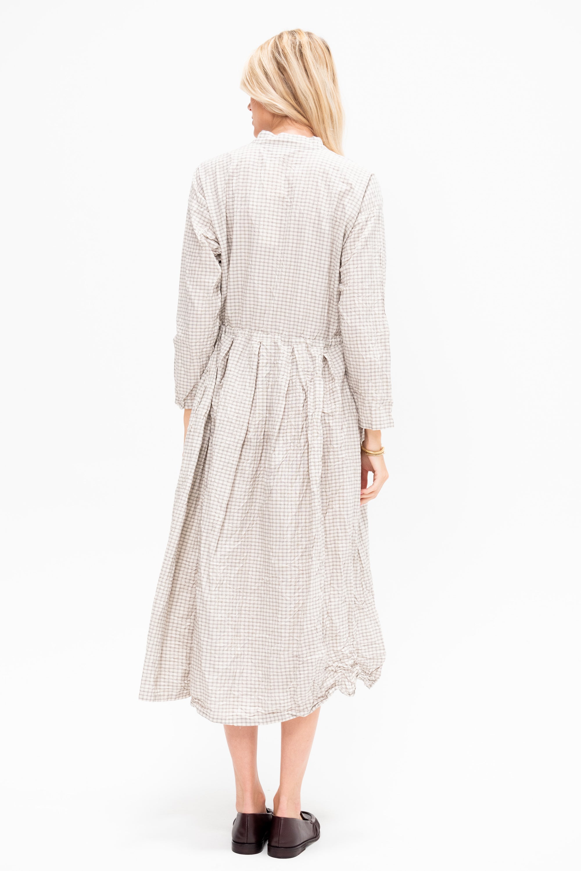 Washed Organic Cotton Mini Checkered Dress, Off White