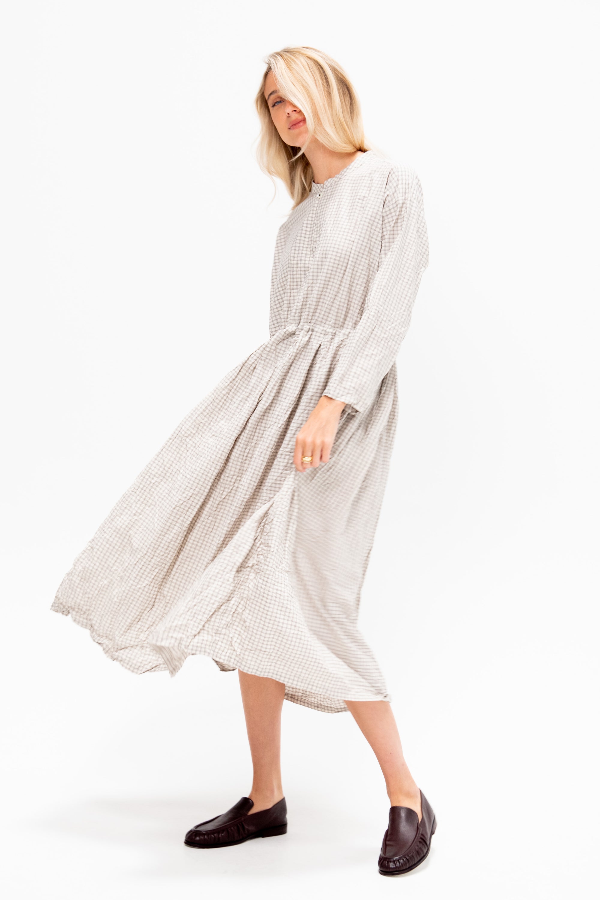 Washed Organic Cotton Mini Checkered Dress, Off White