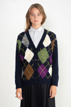 PLAN C - Argyle Knit Cardigan, Blue