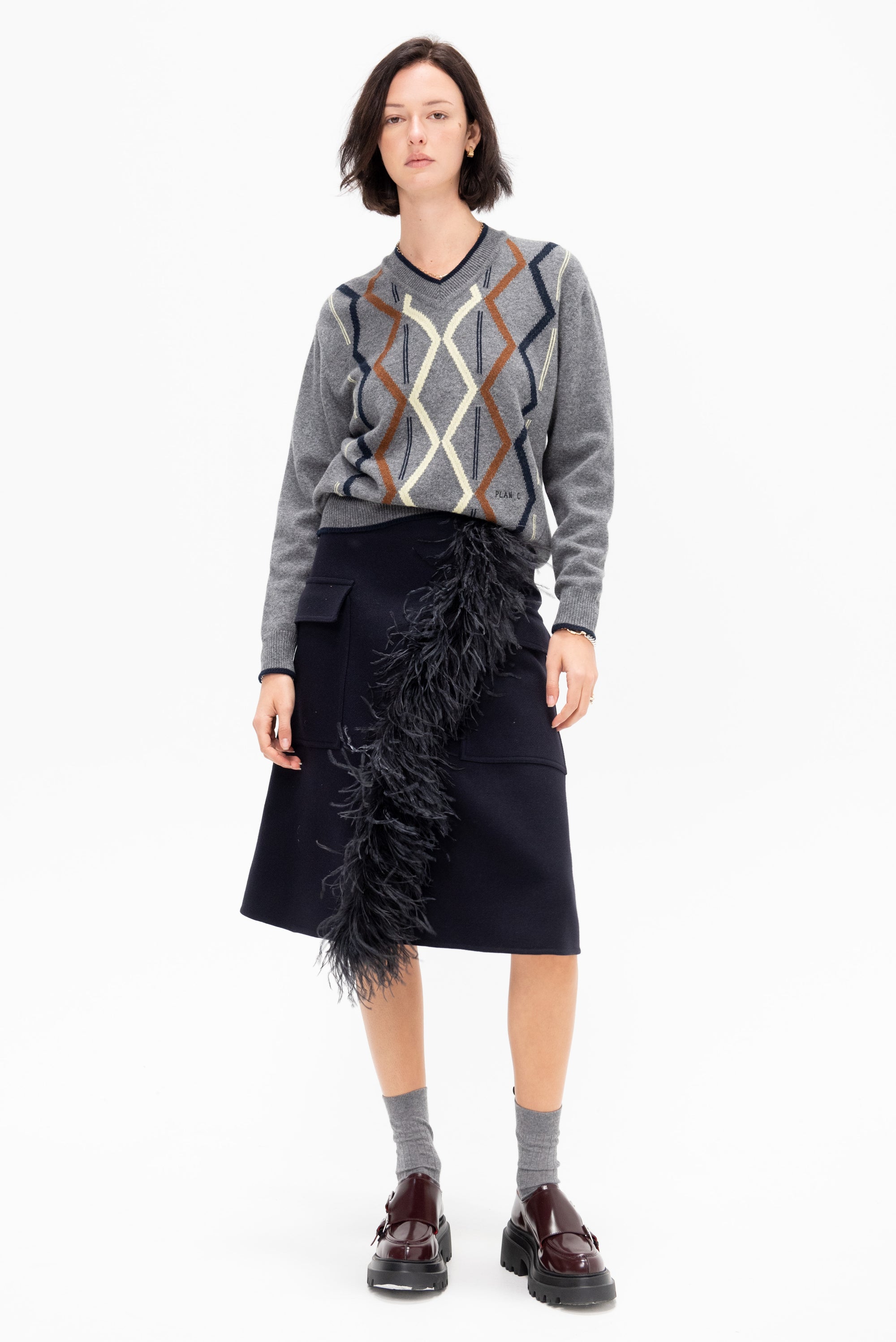 Argyle Cashmere V-Neck Knit, Light Grey