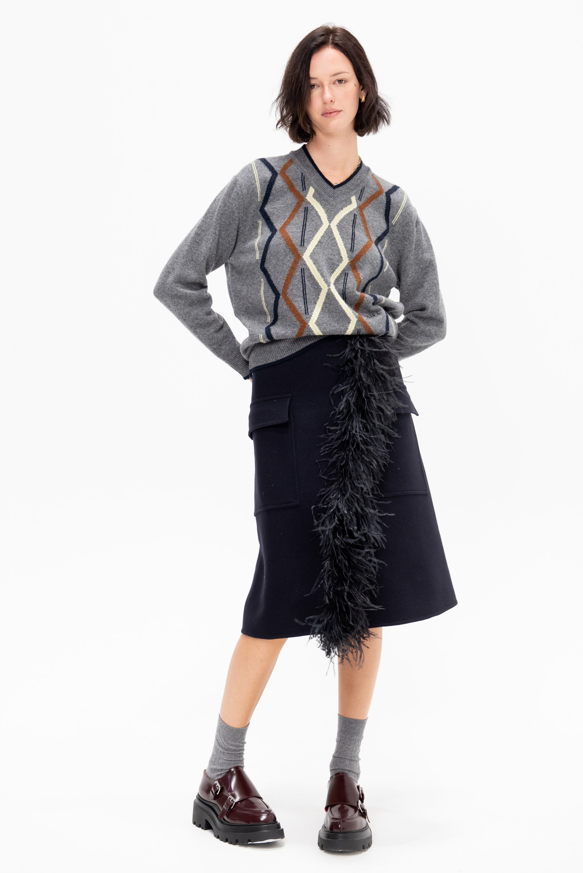 Argyle Cashmere V-Neck Knit, Light Grey