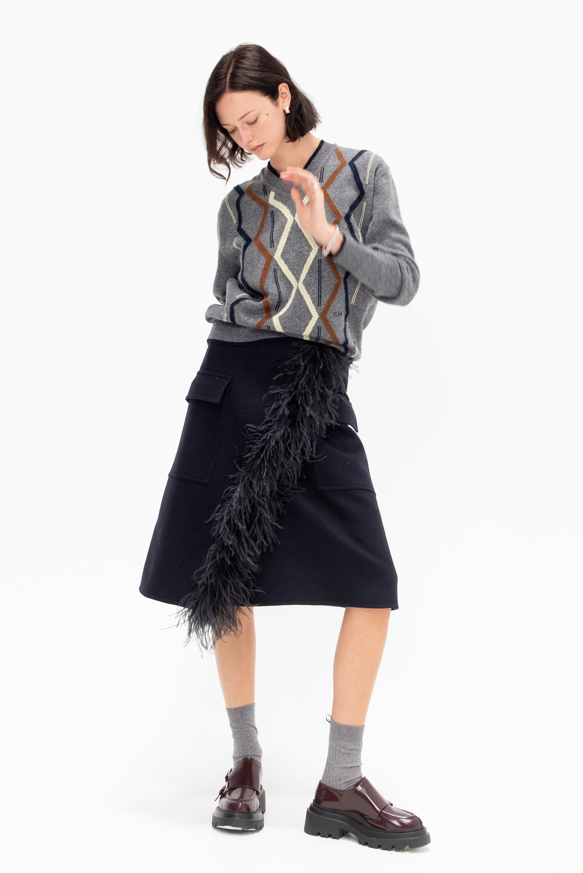 Argyle Cashmere V-Neck Knit, Light Grey