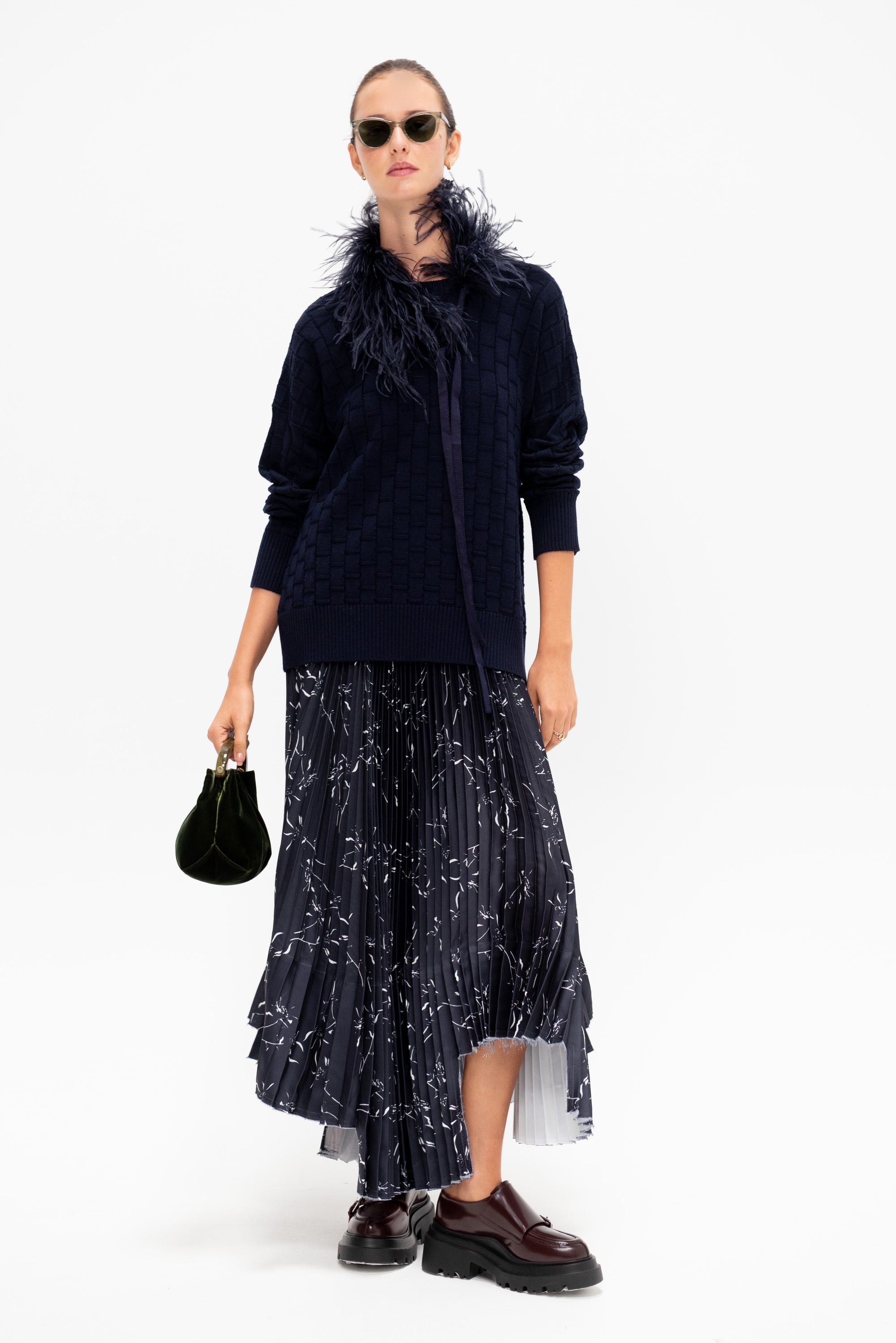 Checked Pattern Crewneck Knit, Dark Blue