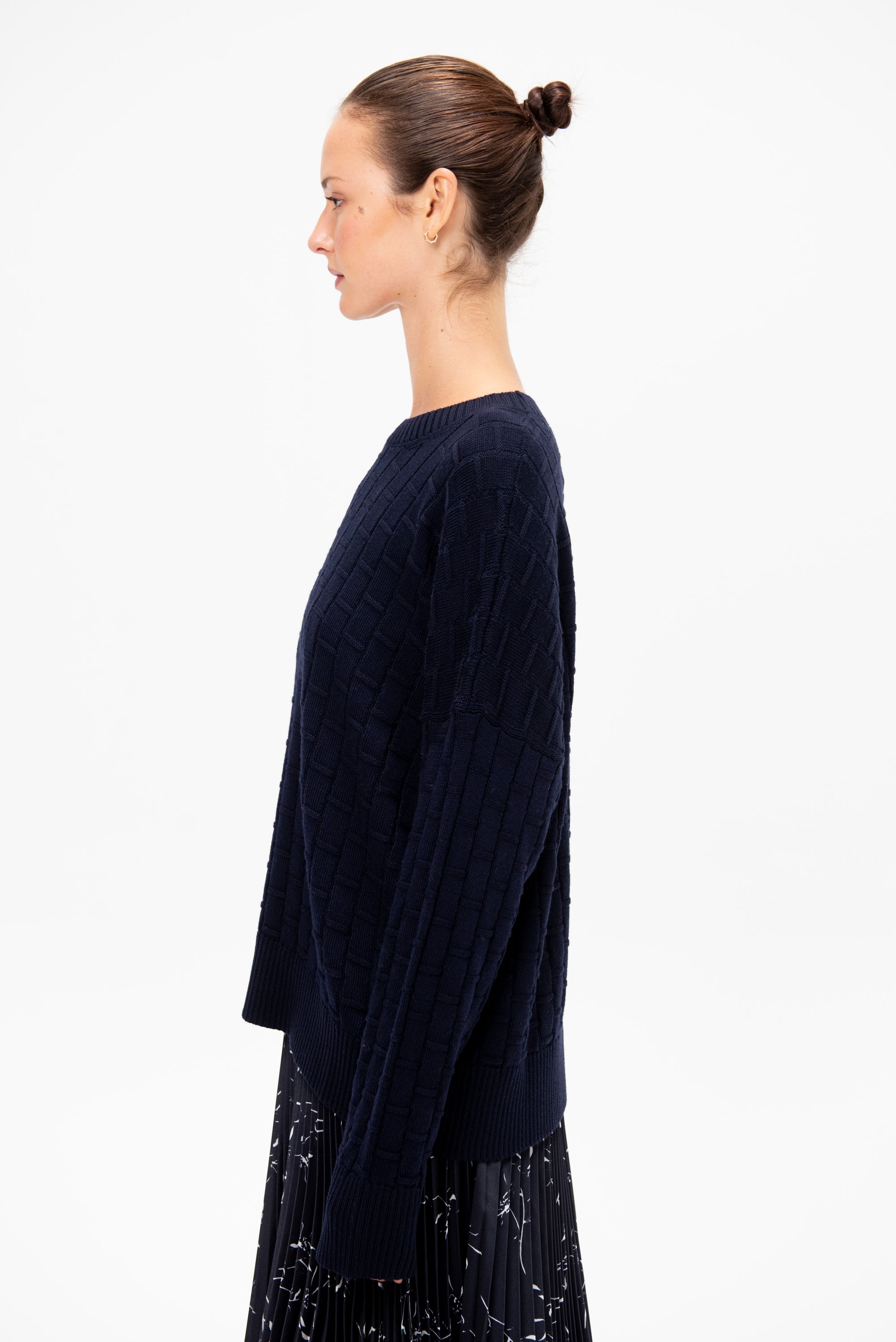 Checked Pattern Crewneck Knit, Dark Blue