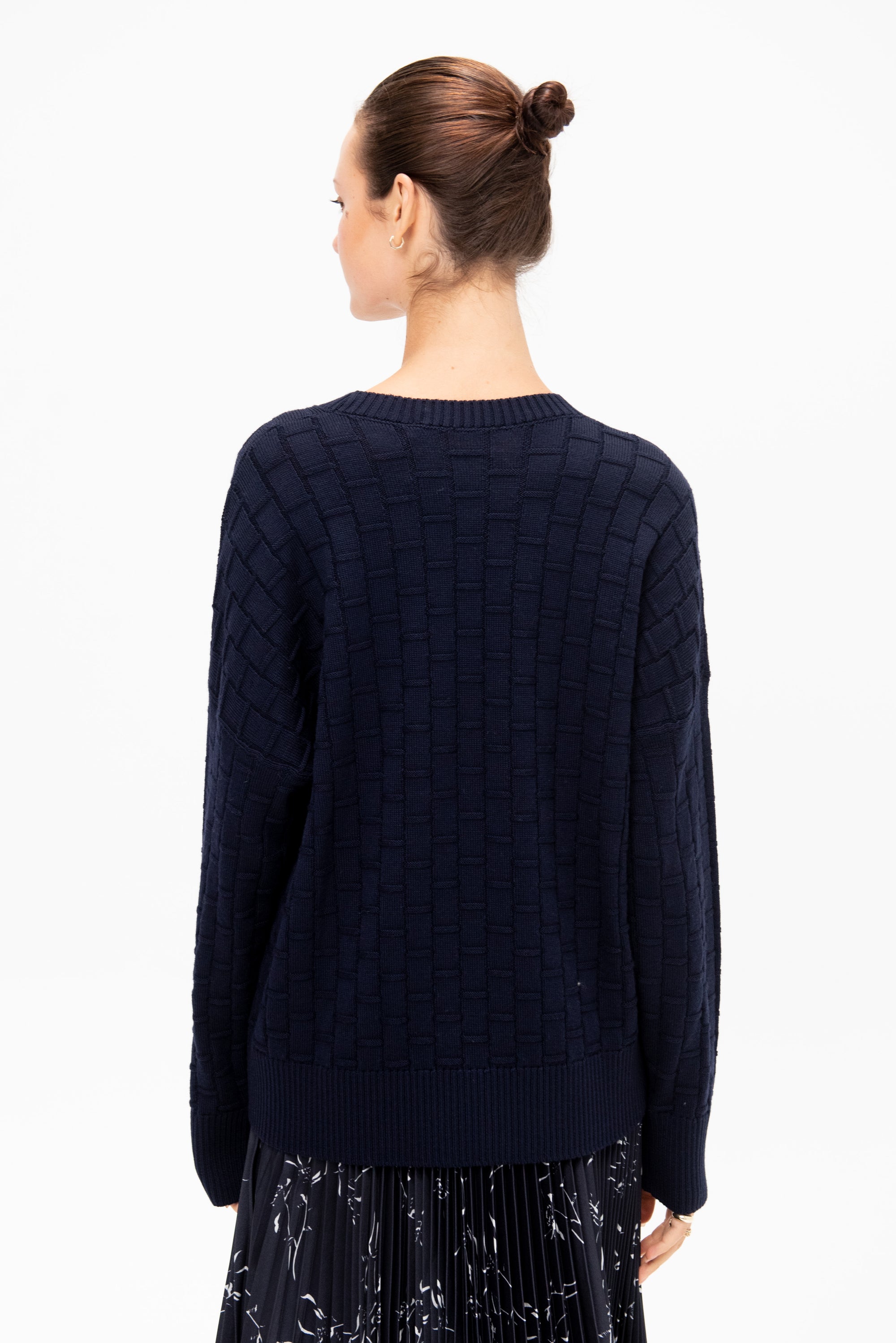 Checked Pattern Crewneck Knit, Dark Blue