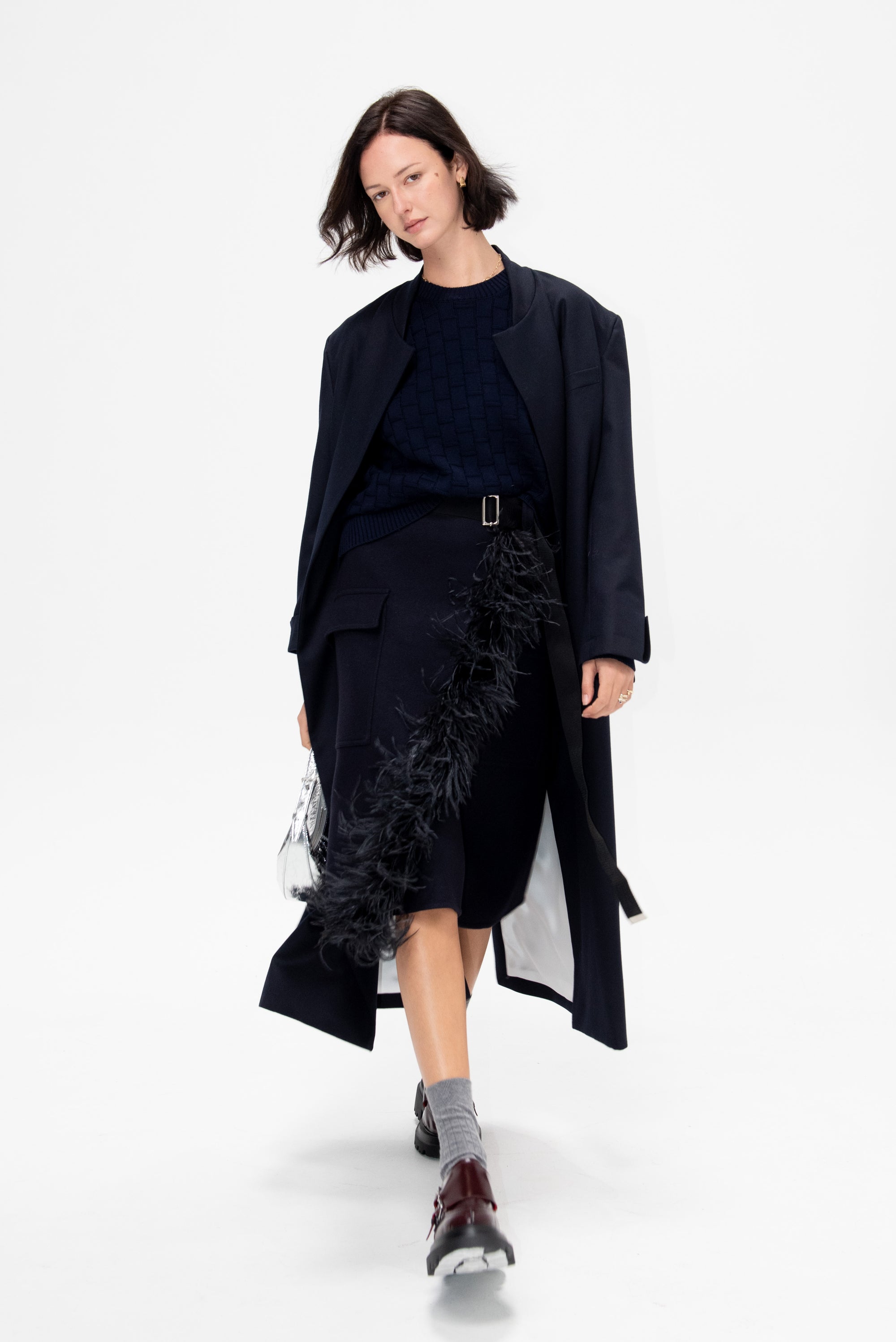 Feather Insert Wool Midi Skirt, Blue Black