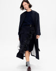 Feather Insert Wool Midi Skirt, Blue Black