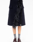 Feather Insert Wool Midi Skirt, Blue Black