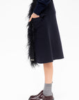 Feather Insert Wool Midi Skirt, Blue Black