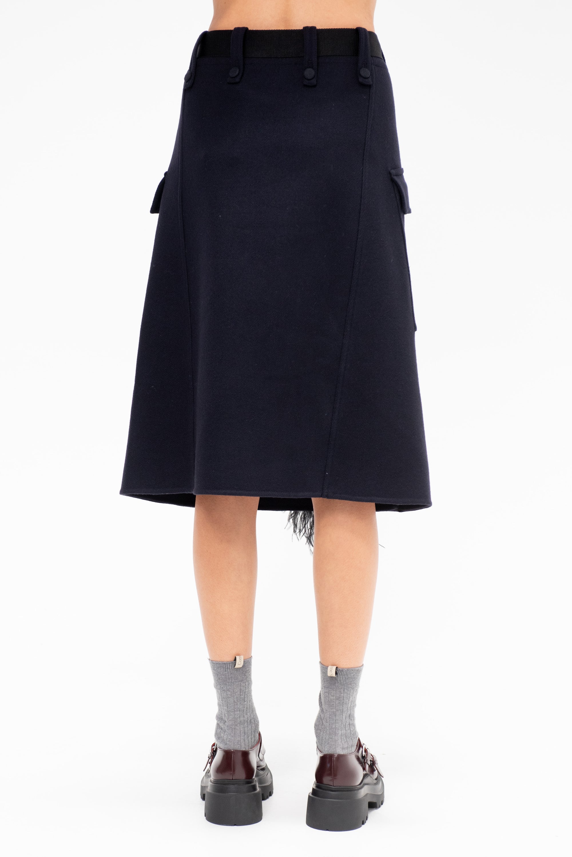 Feather Insert Wool Midi Skirt, Blue Black
