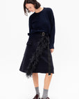 Feather Insert Wool Midi Skirt, Blue Black