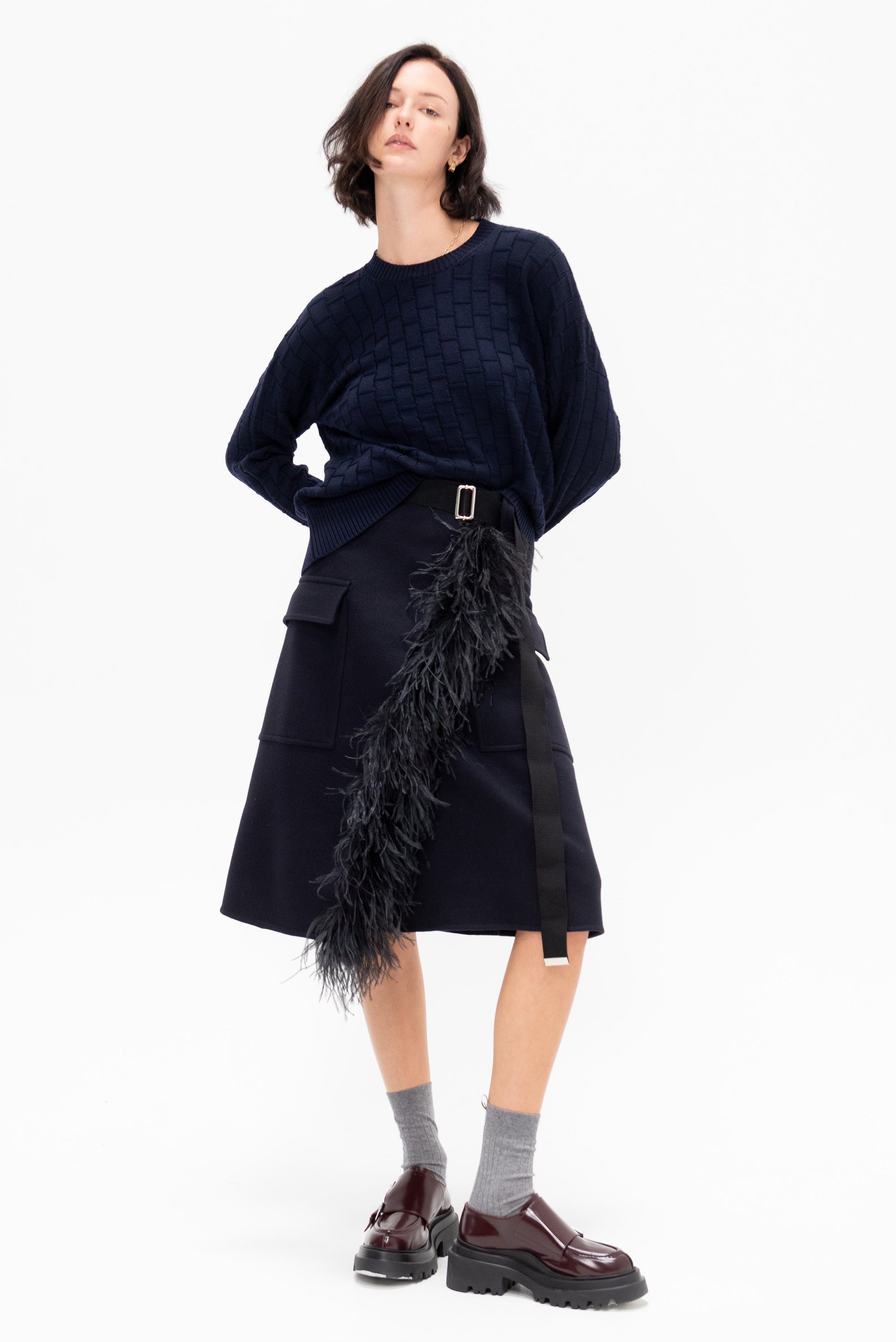 Feather Insert Wool Midi Skirt, Blue Black