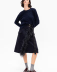 Feather Insert Wool Midi Skirt, Blue Black