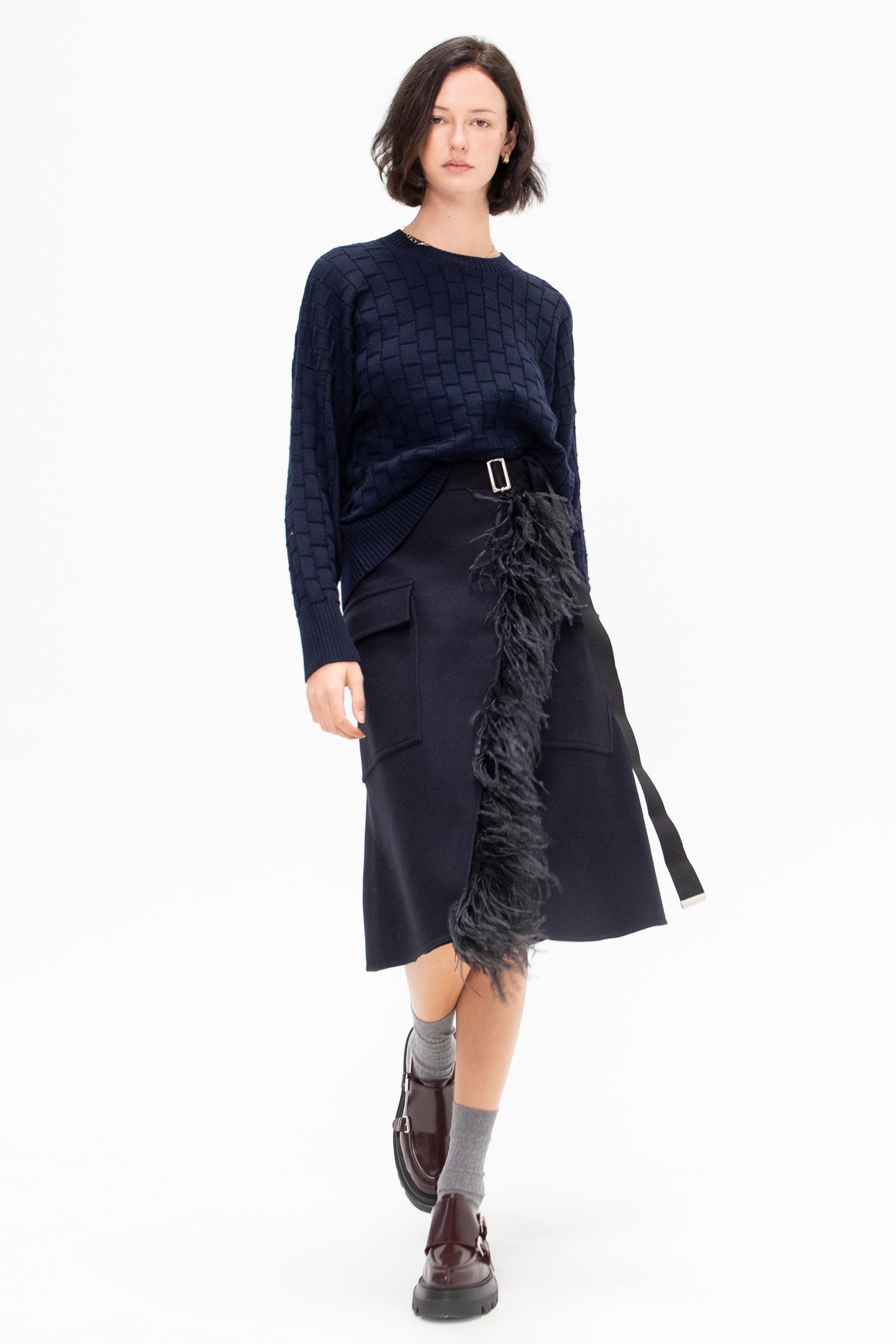 Feather Insert Wool Midi Skirt, Blue Black