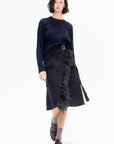 Feather Insert Wool Midi Skirt, Blue Black