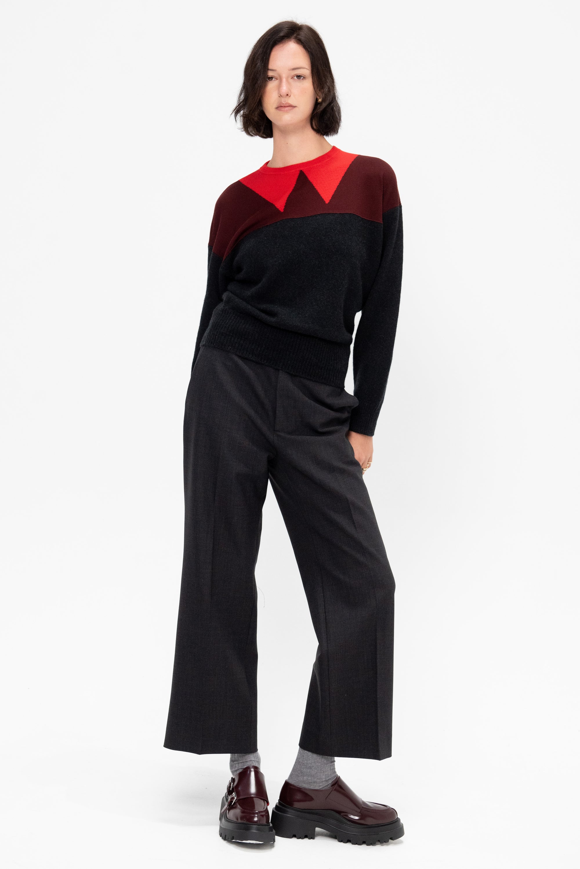 Intarsia Crew Neck Knit, Multi Black