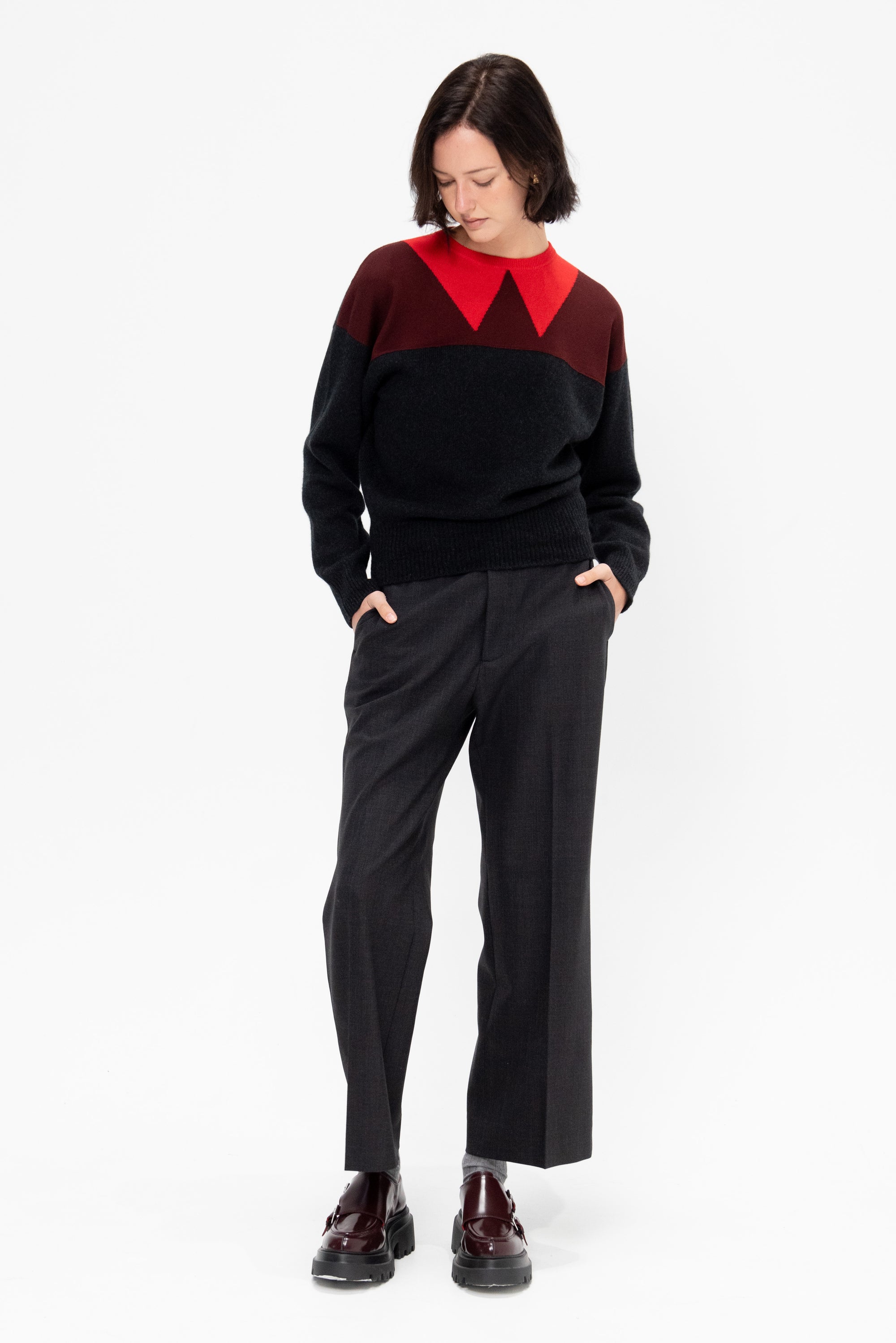 Intarsia Crew Neck Knit, Multi Black