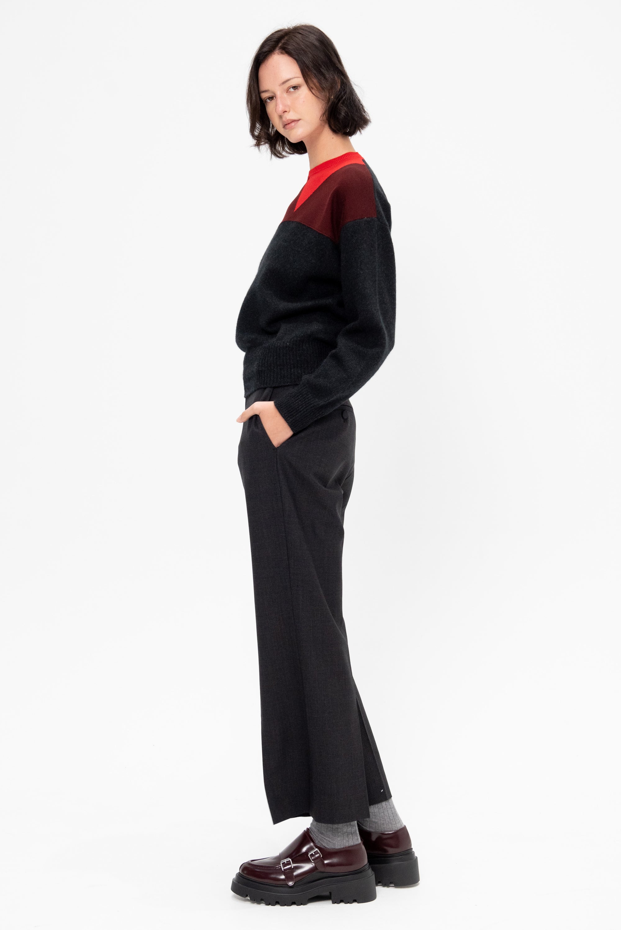 Intarsia Crew Neck Knit, Multi Black