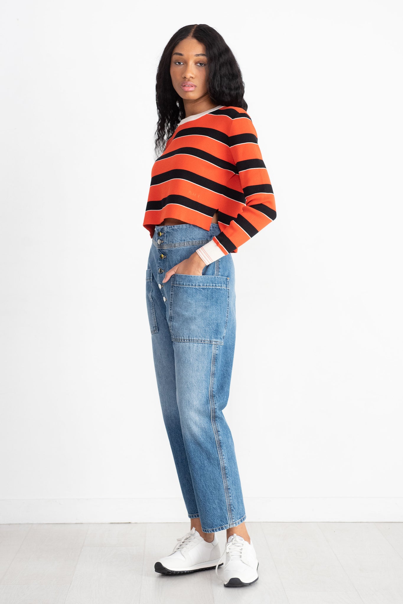 PLAN C - Striped Cotton Sweater, Red