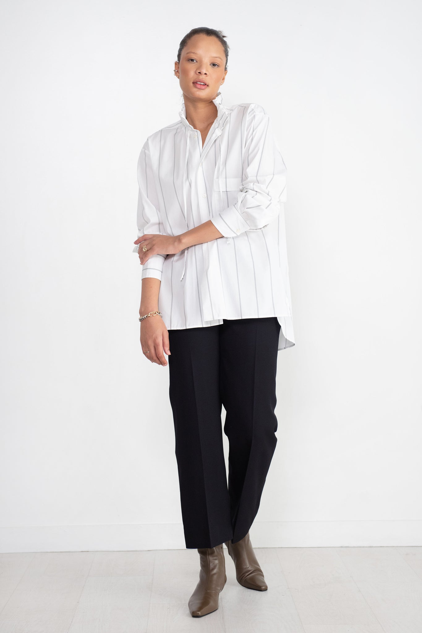 PLAN C - Ruffled Neck Striped Shirt, White