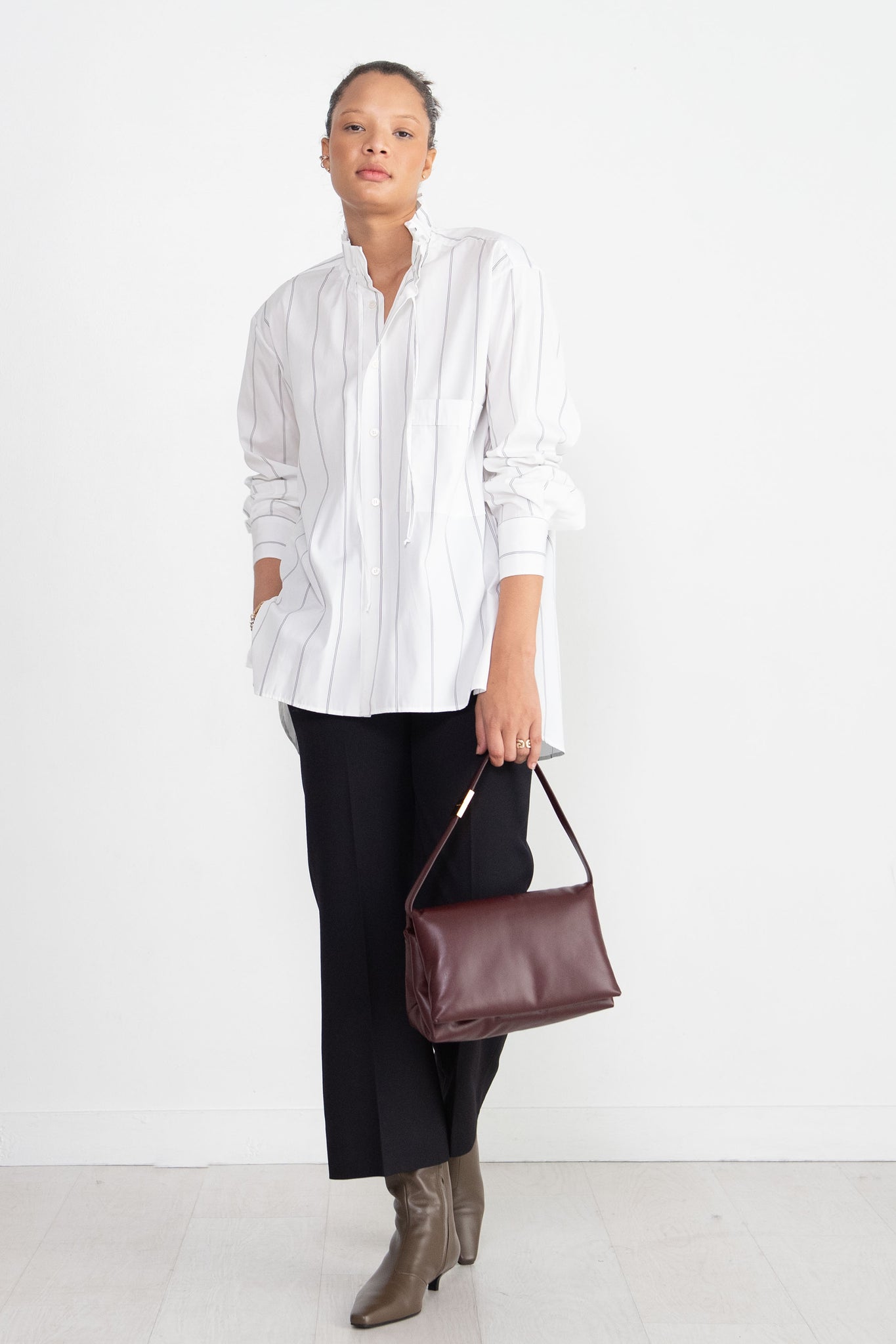 PLAN C - Ruffled Neck Striped Shirt, White