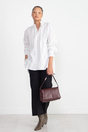 PLAN C - Ruffled Neck Striped Shirt, White