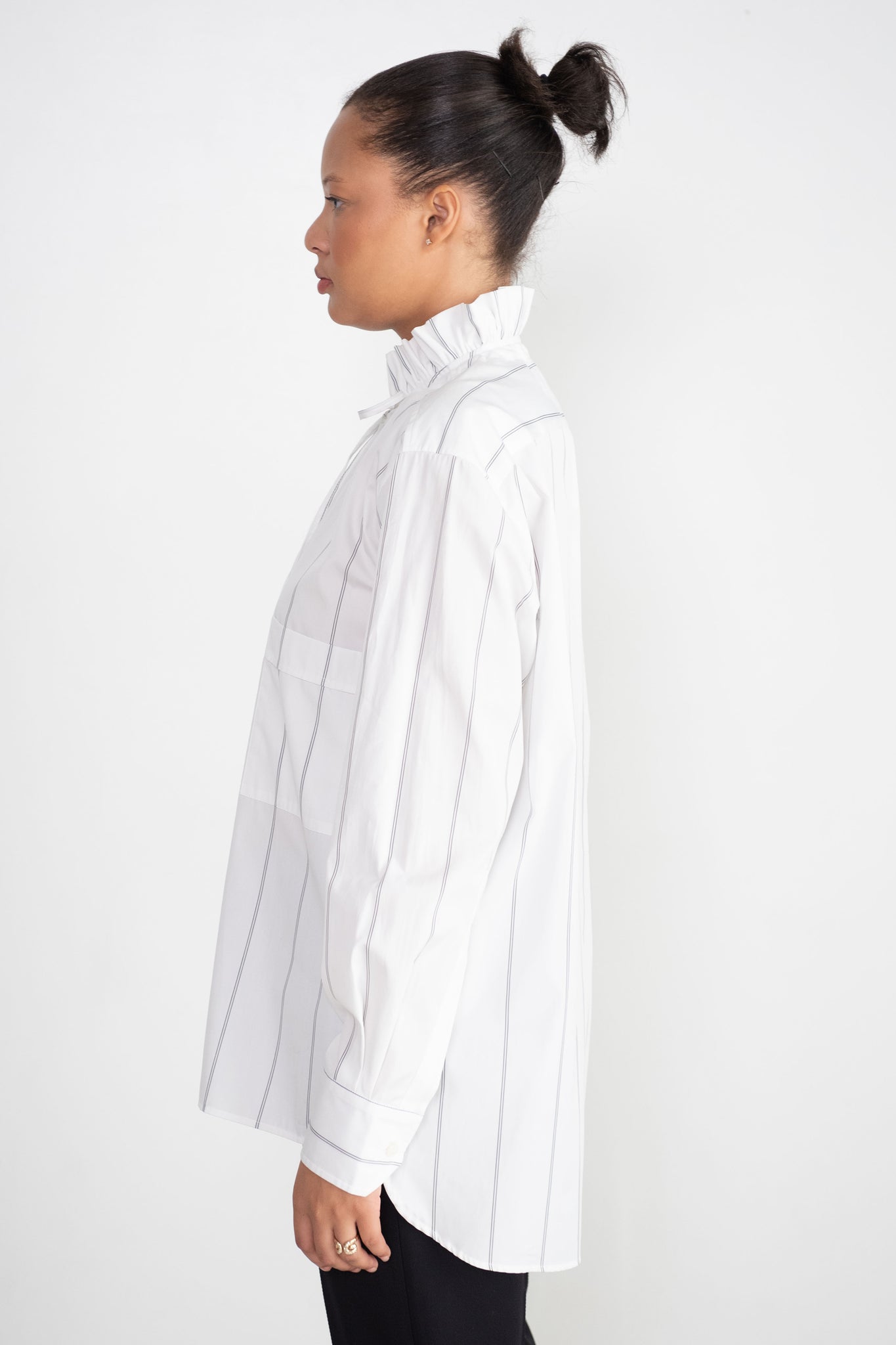 PLAN C - Ruffled Neck Striped Shirt, White