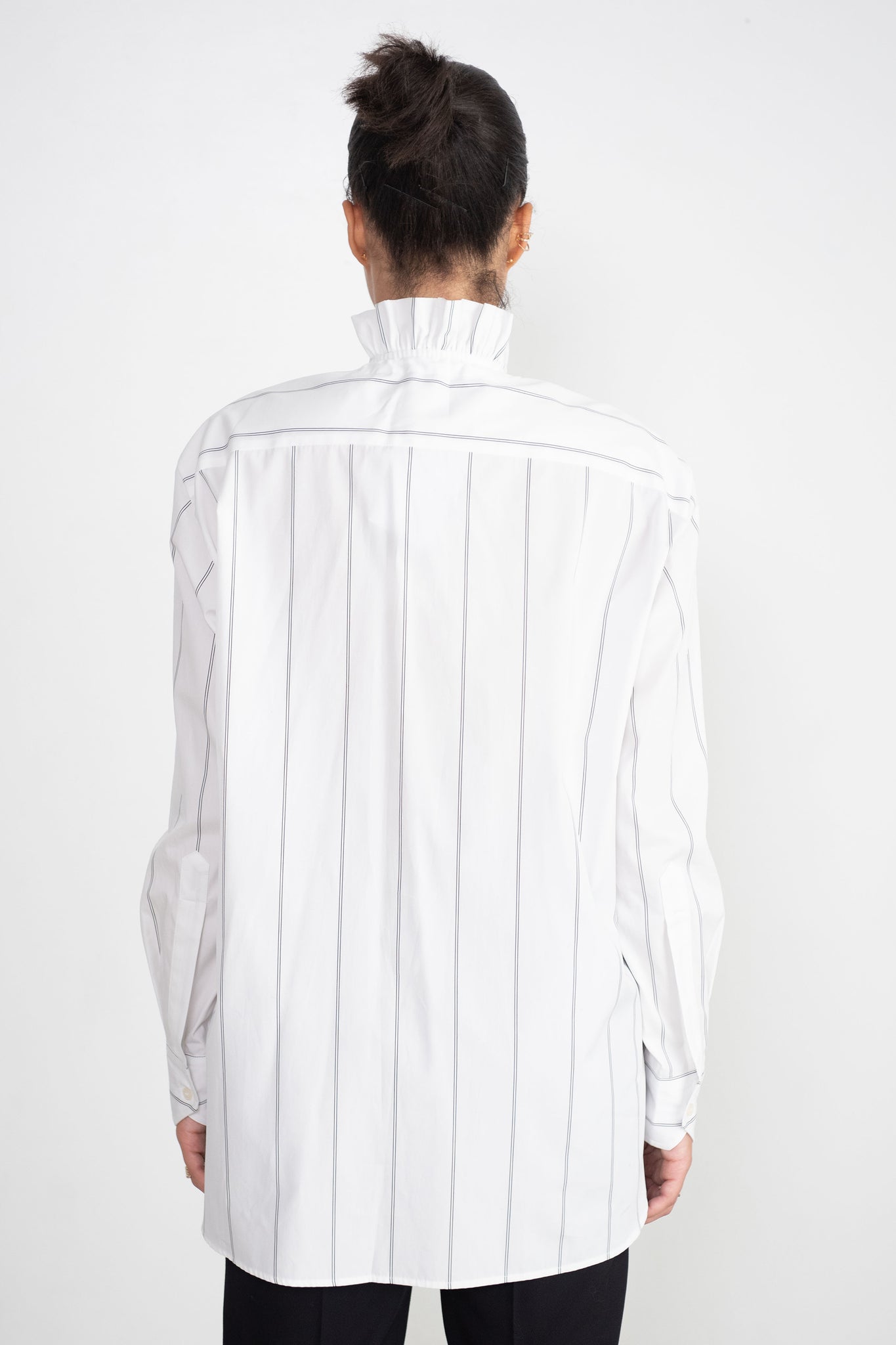 PLAN C - Ruffled Neck Striped Shirt, White