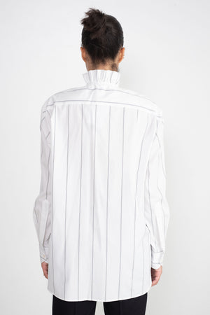 PLAN C - Ruffled Neck Striped Shirt, White