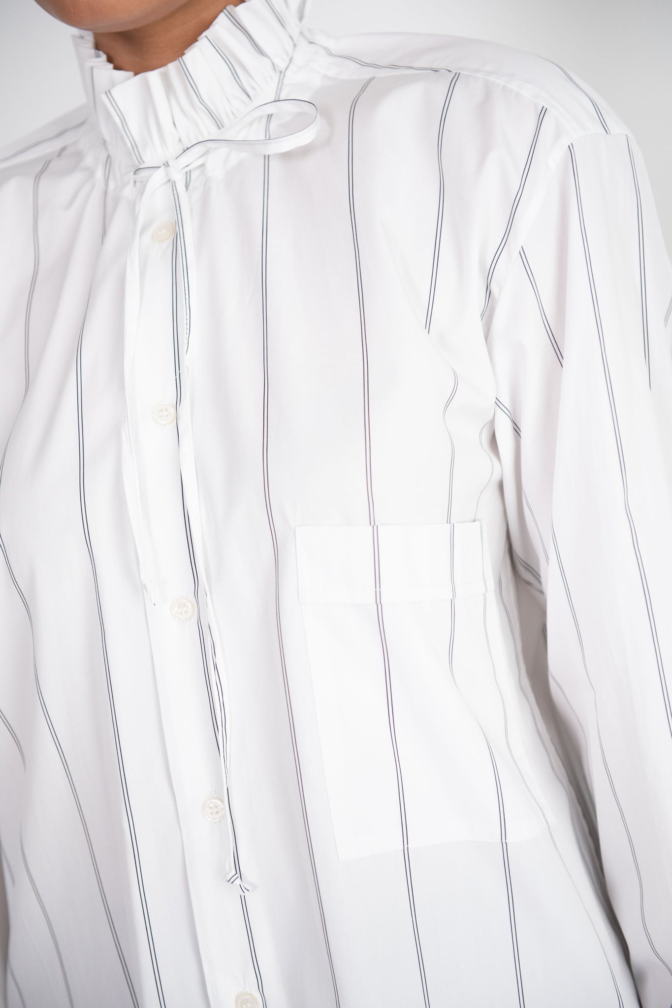 PLAN C - Ruffled Neck Striped Shirt, White
