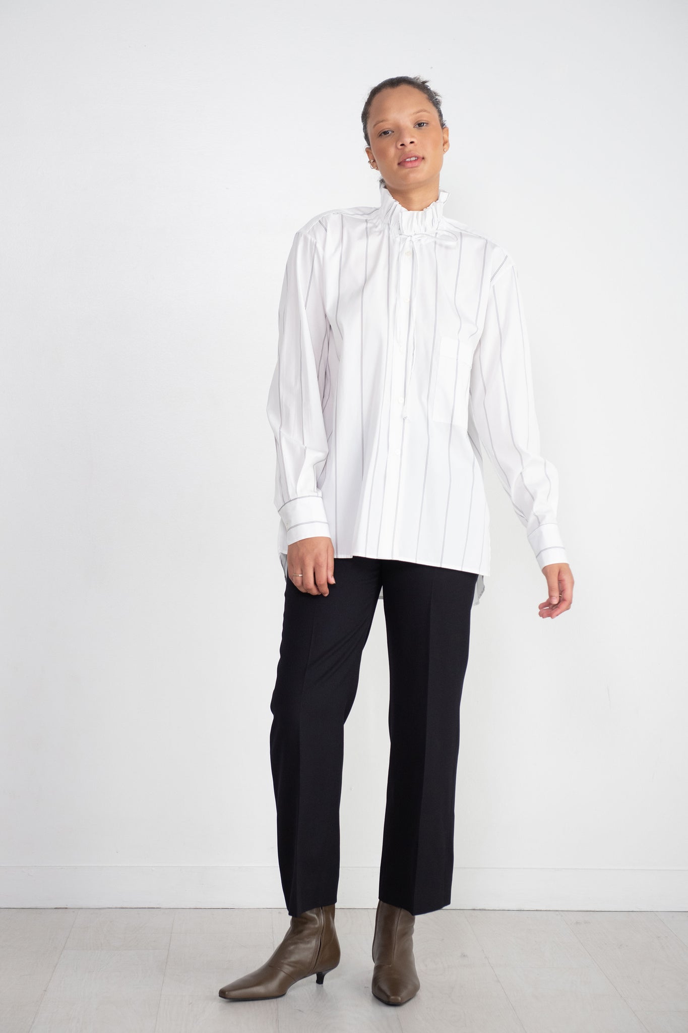 PLAN C - Ruffled Neck Striped Shirt, White