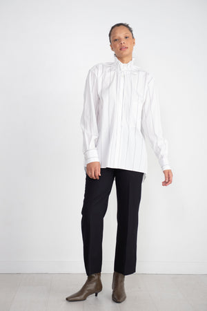 PLAN C - Ruffled Neck Striped Shirt, White