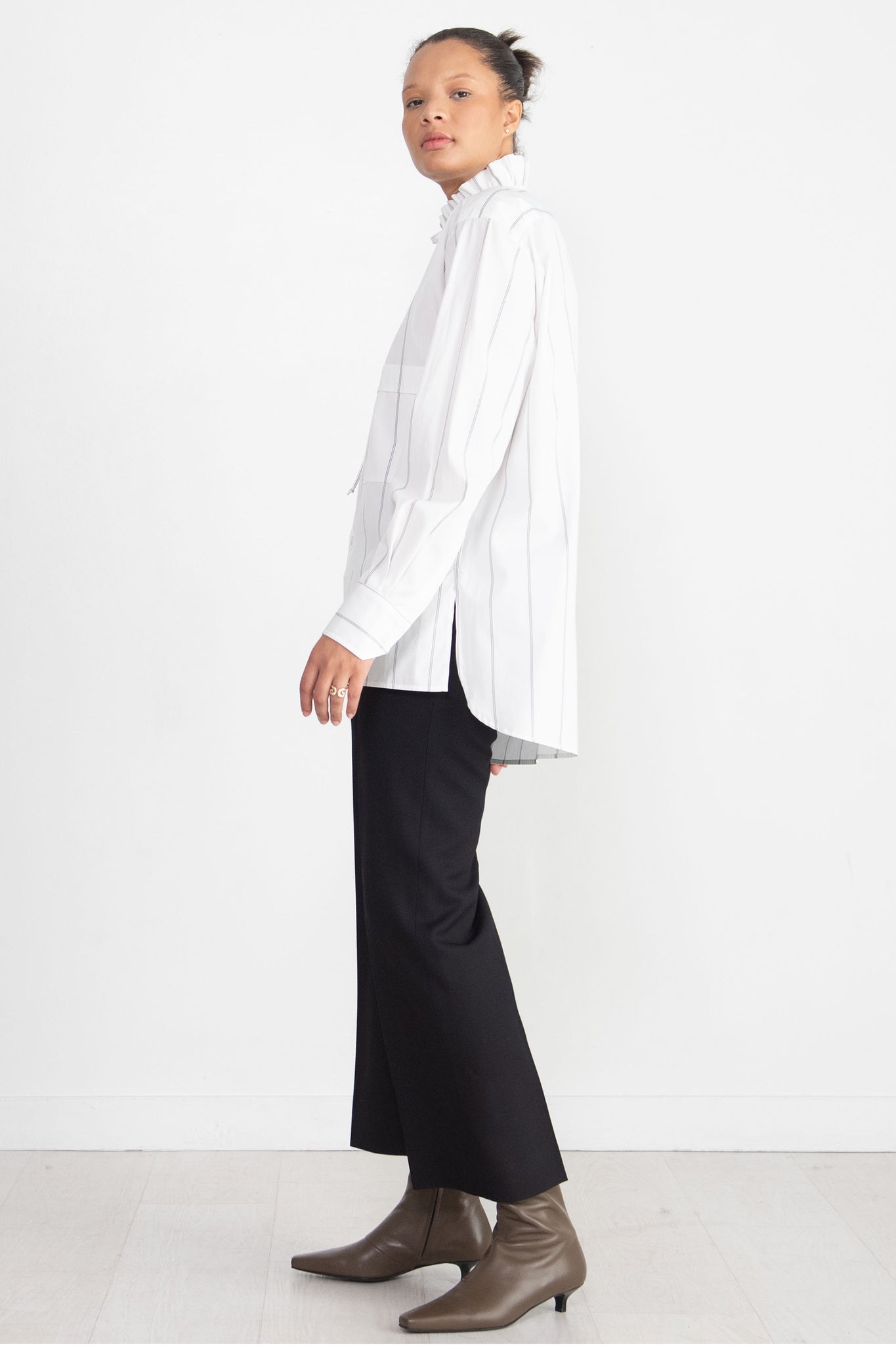 PLAN C - Ruffled Neck Striped Shirt, White