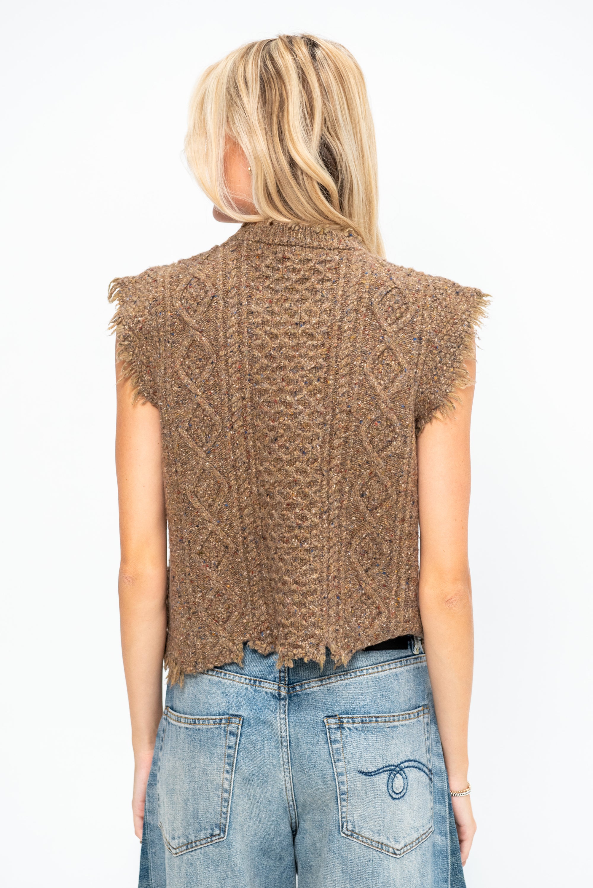 Boyfriend Cable Sweater Vest, Brown Tweed
