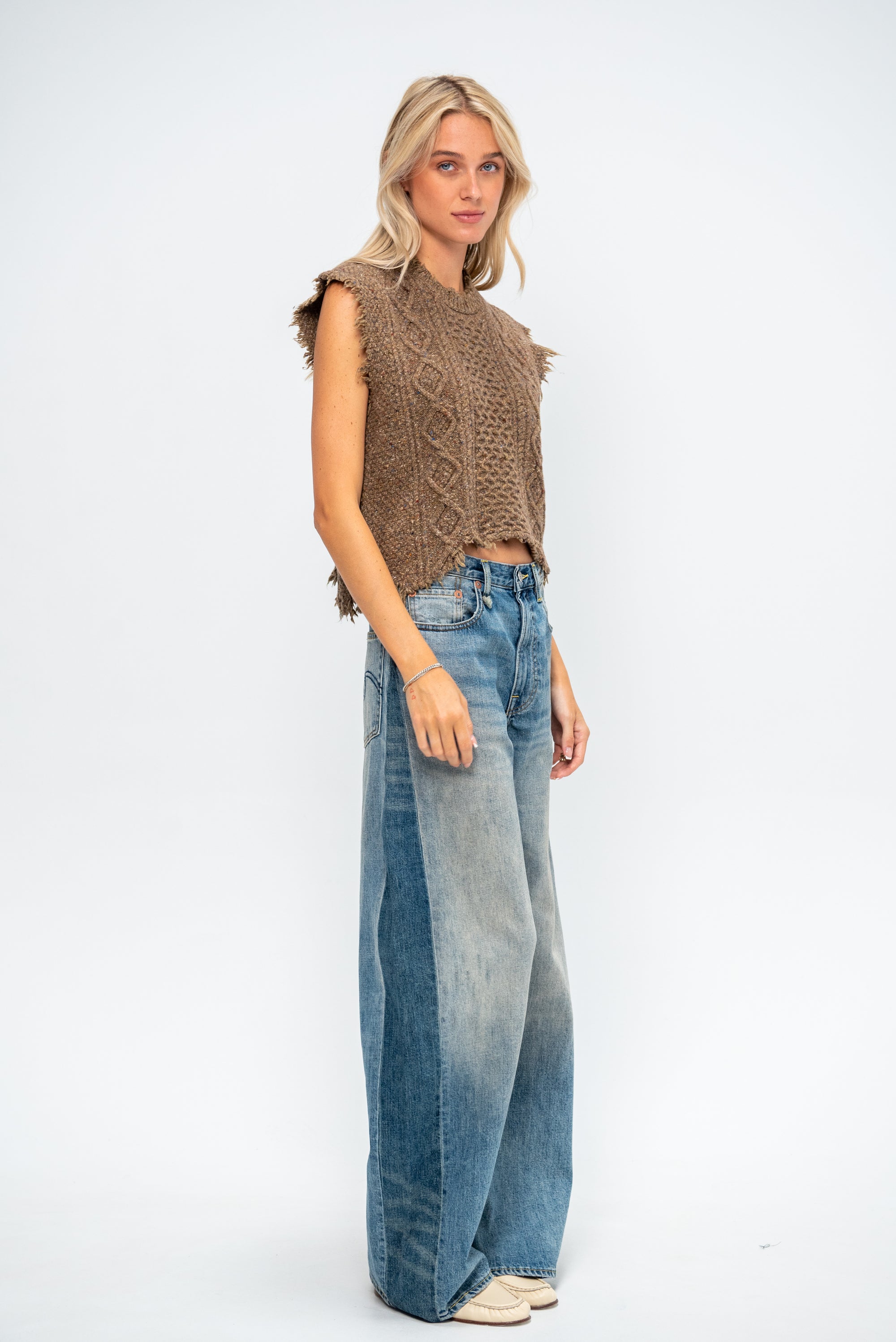 Boyfriend Cable Sweater Vest, Brown Tweed