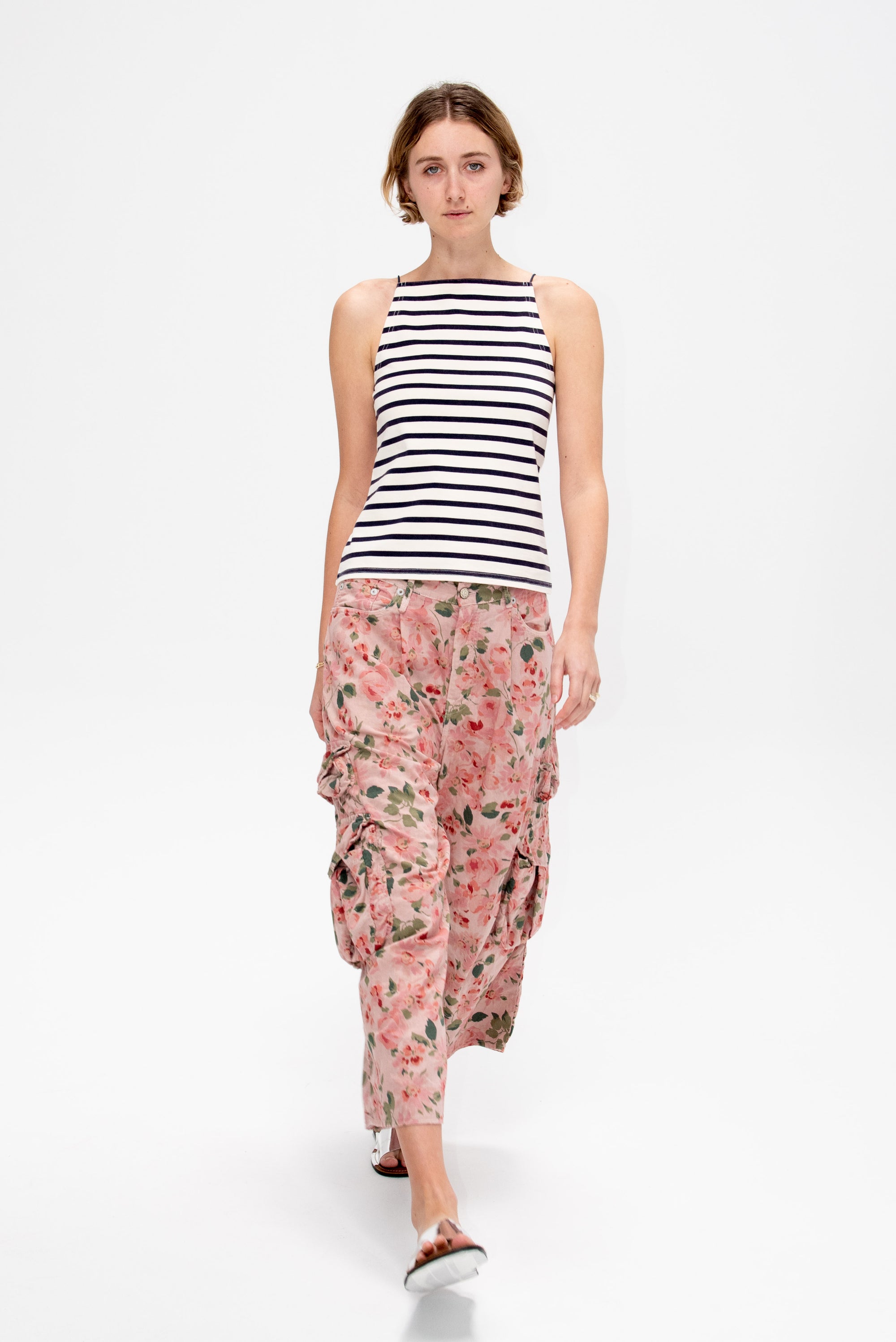 Cropped Multi Pocket Cargo, Pink Floral