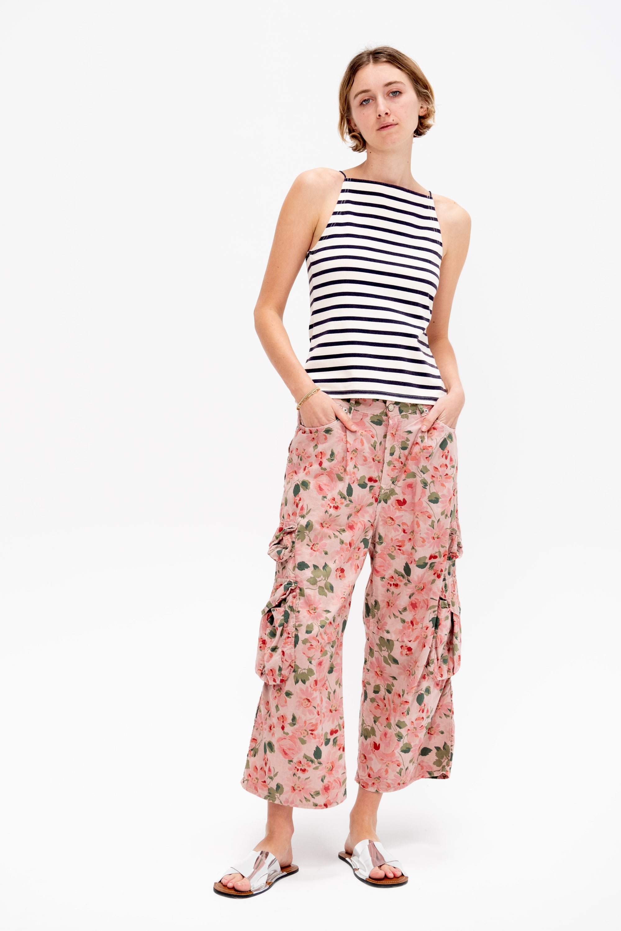 Cropped Multi Pocket Cargo, Pink Floral