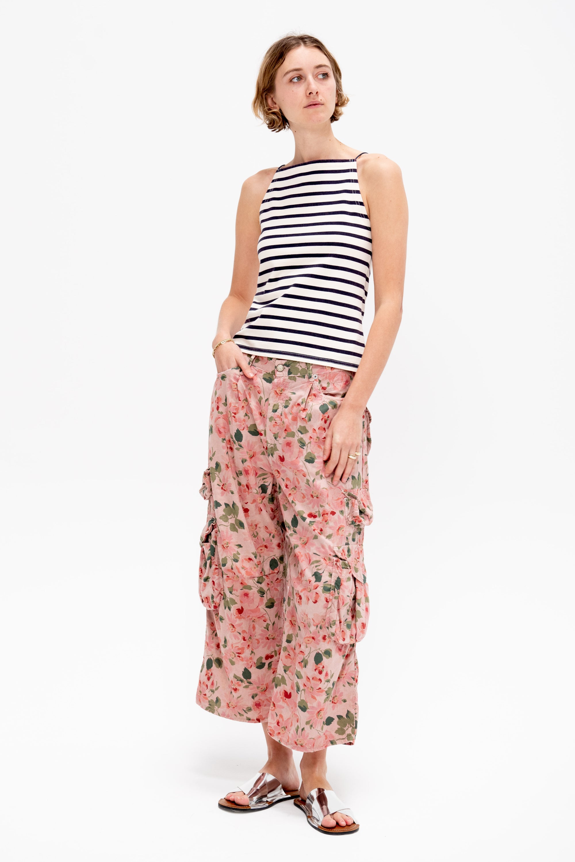 Cropped Multi Pocket Cargo, Pink Floral