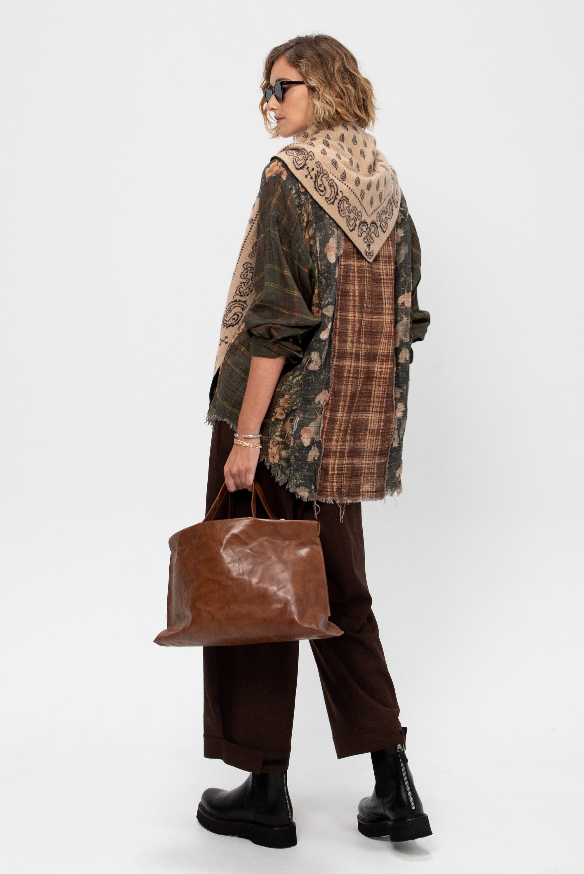 Multi-Strip Drop Neck Shirt, Multi-Print Brown