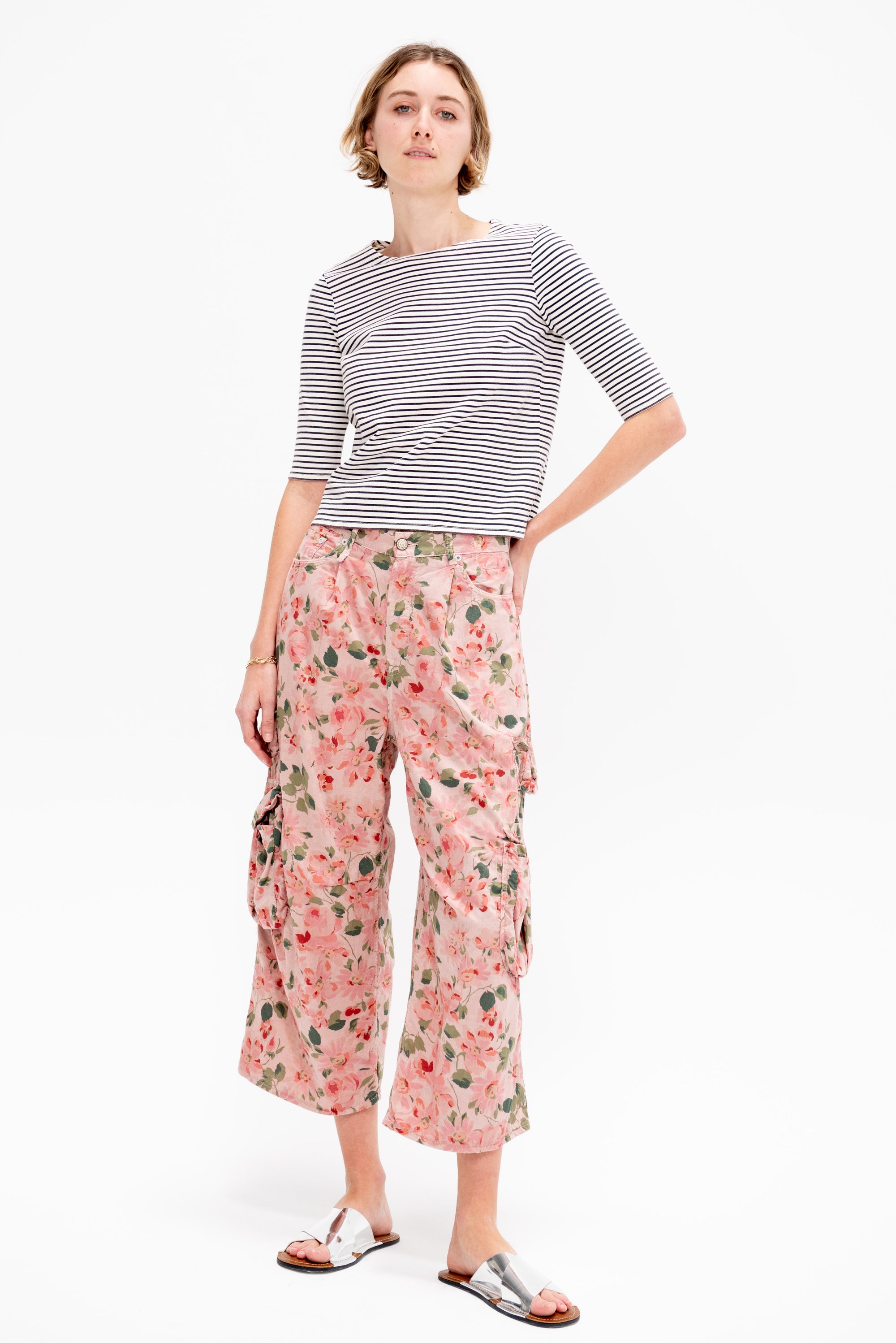 Elbow Sleeve Stripe Tee, Ecru &amp; Navy