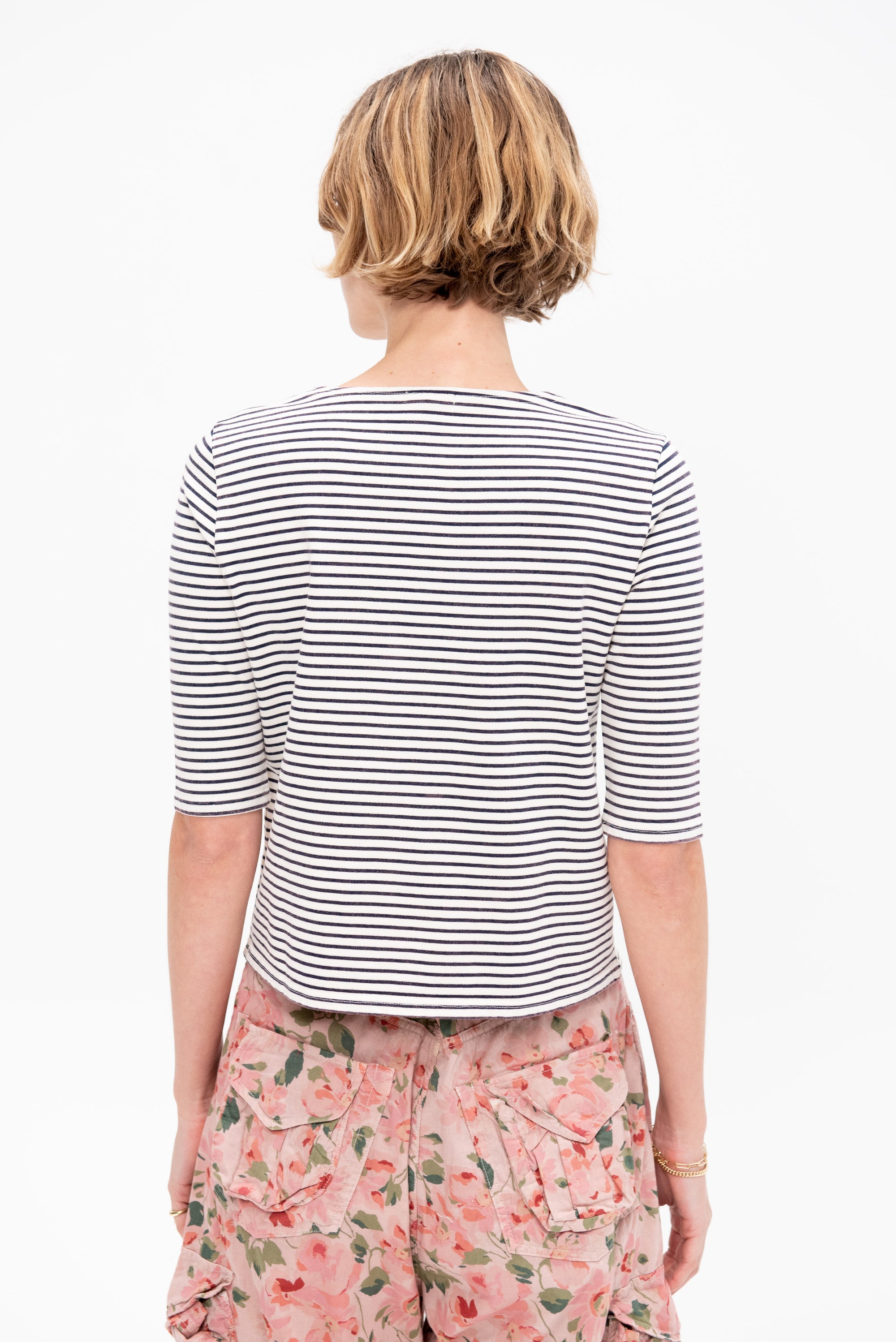 Elbow Sleeve Stripe Tee, Ecru &amp; Navy
