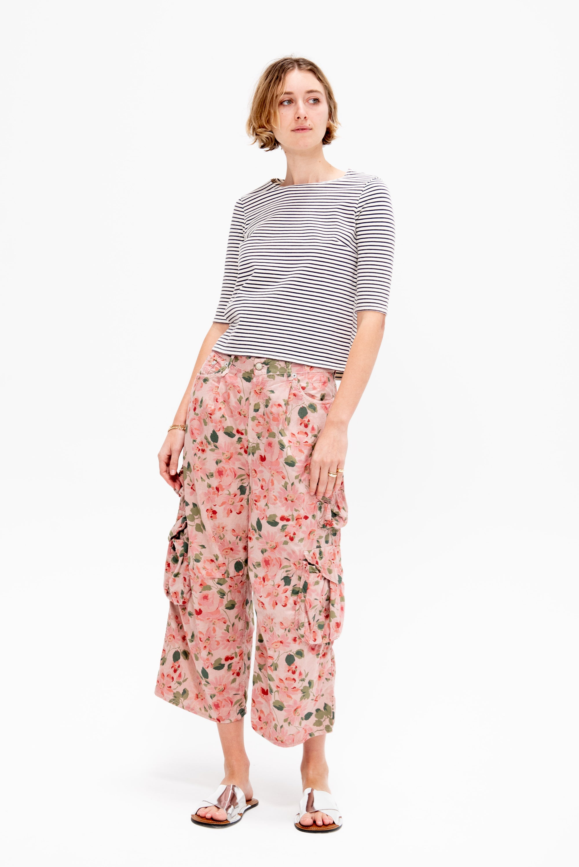 Elbow Sleeve Stripe Tee, Ecru &amp; Navy