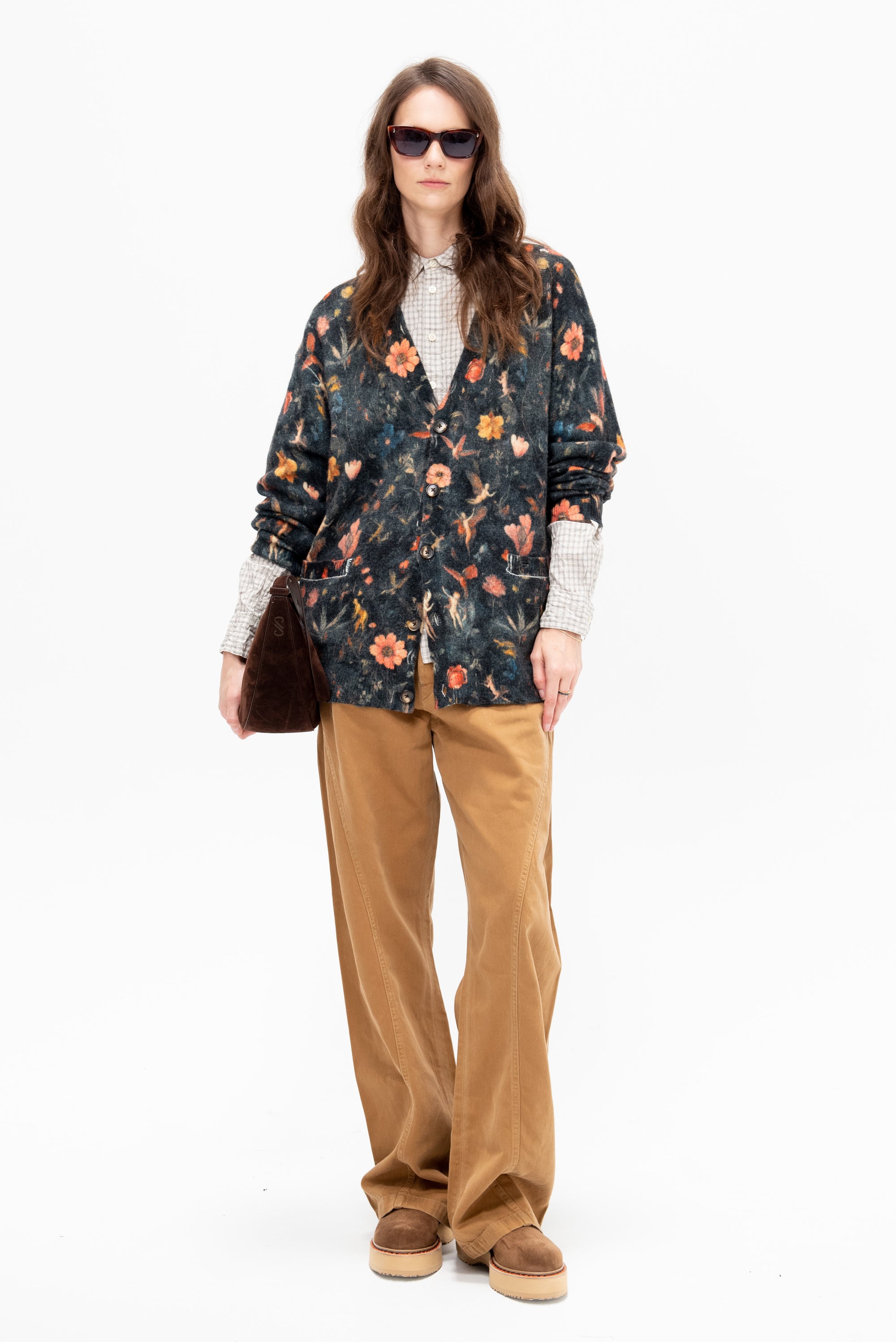 Printed Boyfriend Cardigan, Floral with Angels Black